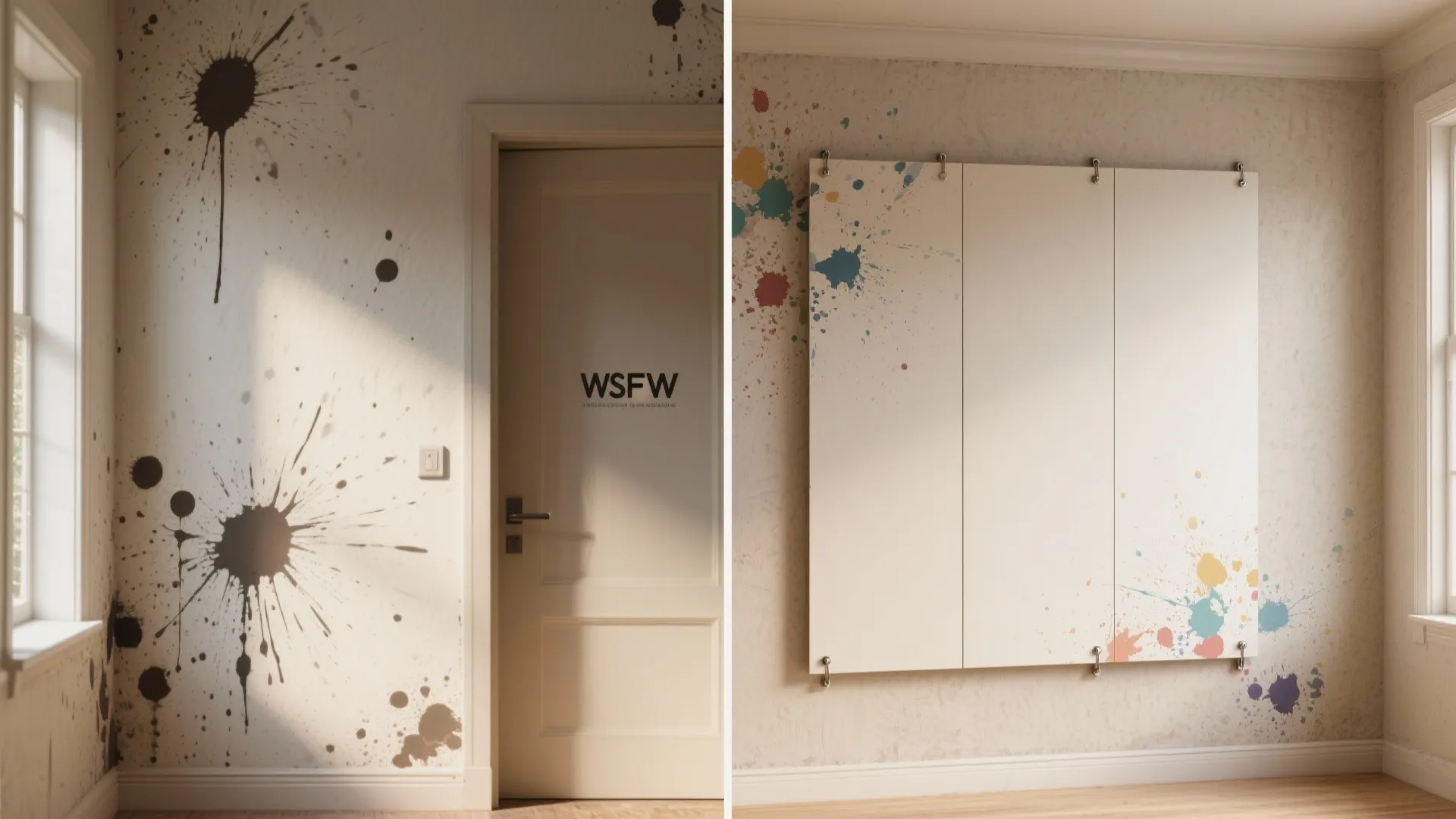 Before and after comparison of messy paint splattered wall covered by clean white wall panels