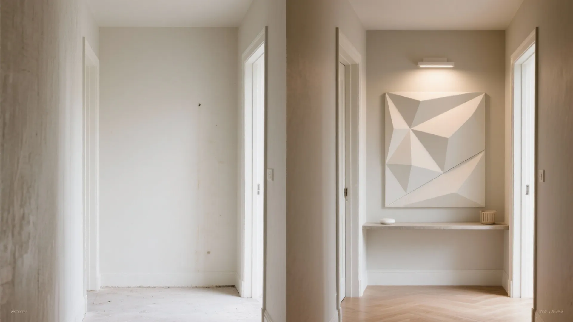 Before-and-after hallway wall showing plain surface transformed by geometric POP panels and lighting.