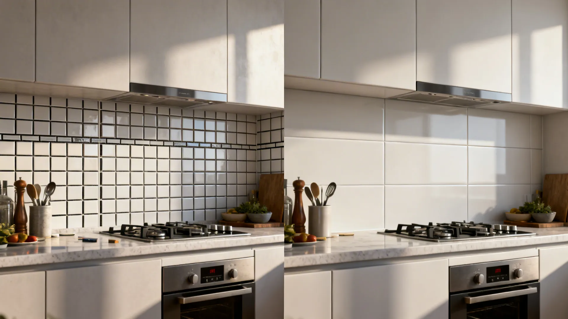 Split view showing a busy small-tile backsplash versus seamless 24x48 panels in the same small kitchen.