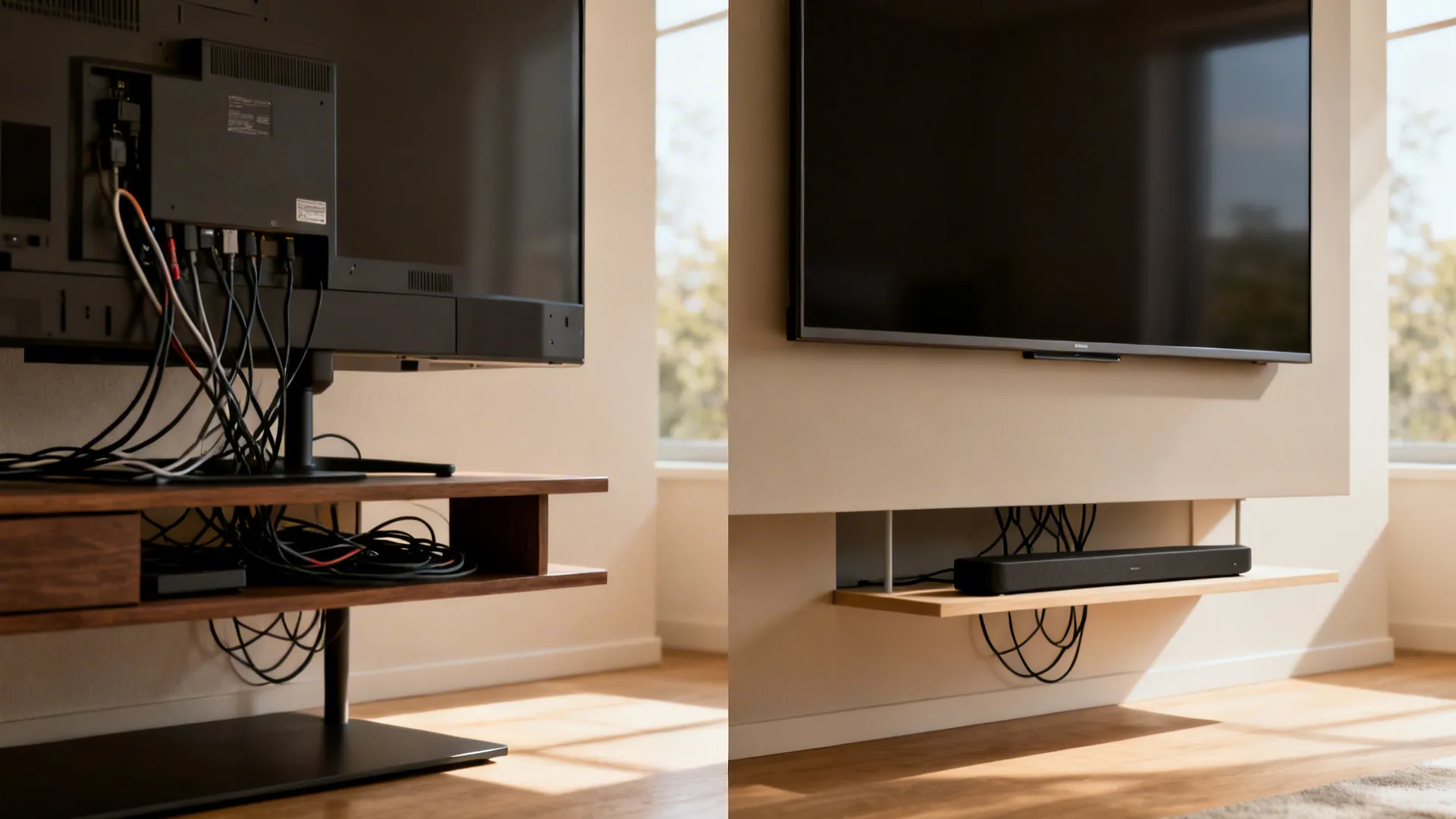 Before and after of a TV wall from messy cables to a clean floating panel design.