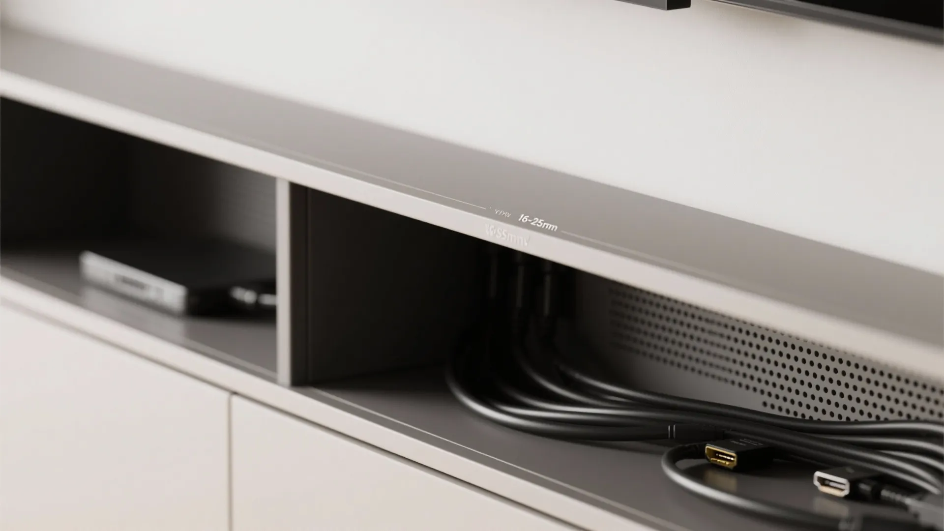 Close up view of black cables organized inside a modern grey television cabinet shelf unit