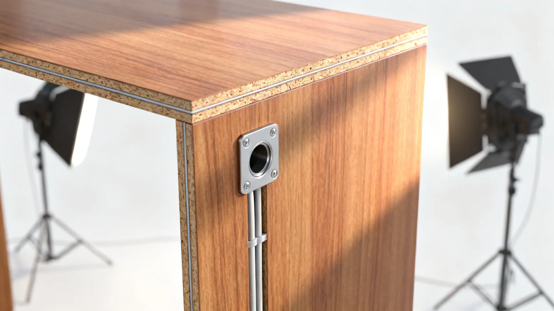 Close-up of laminate panel with neat cable grommet and concealed conduit.