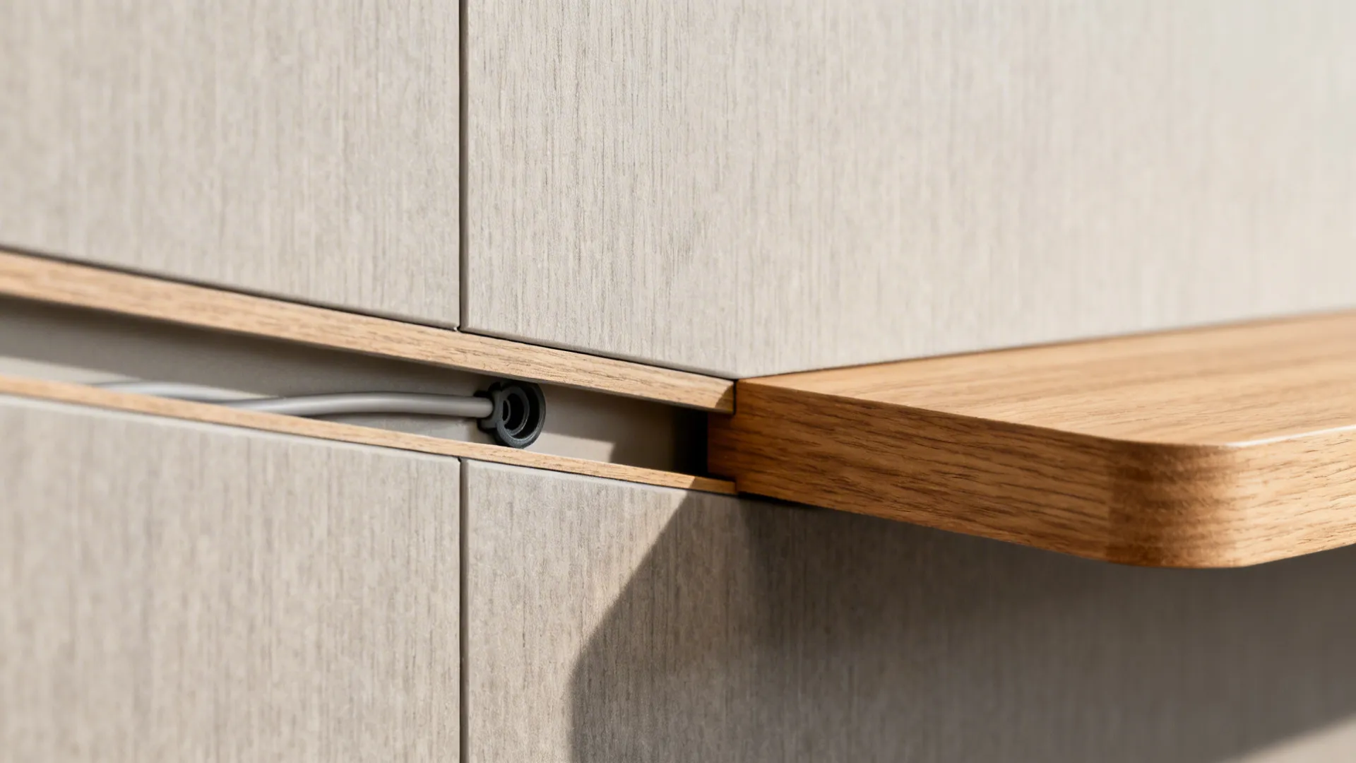 Close-up of matte panel with concealed cable grommet and crisp seam.