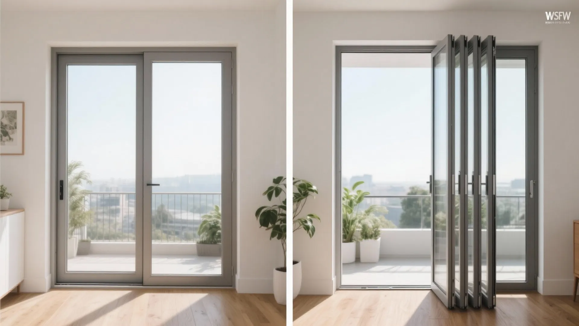 Side by side comparison of a closed glass door and an open folding glass door