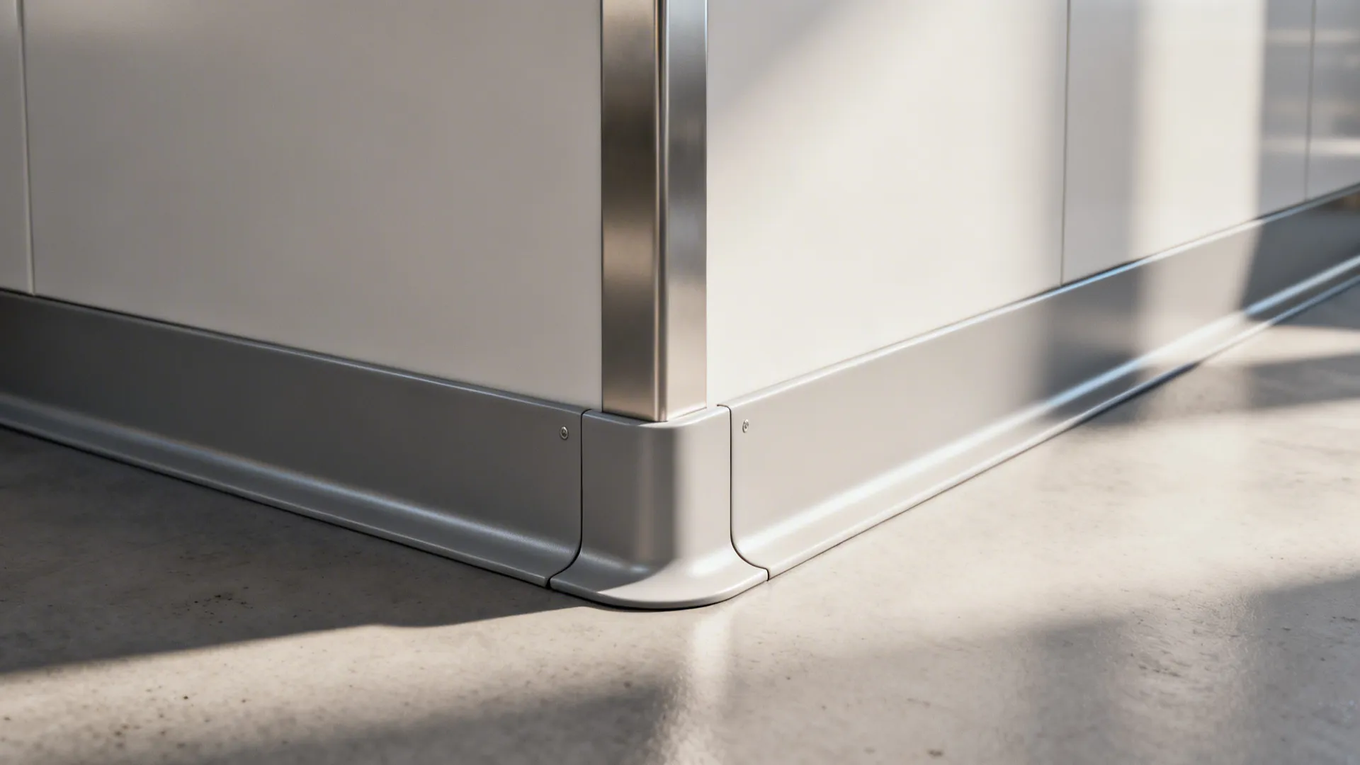 Close up of wall corner using metal trim and a curved grey wall panel base