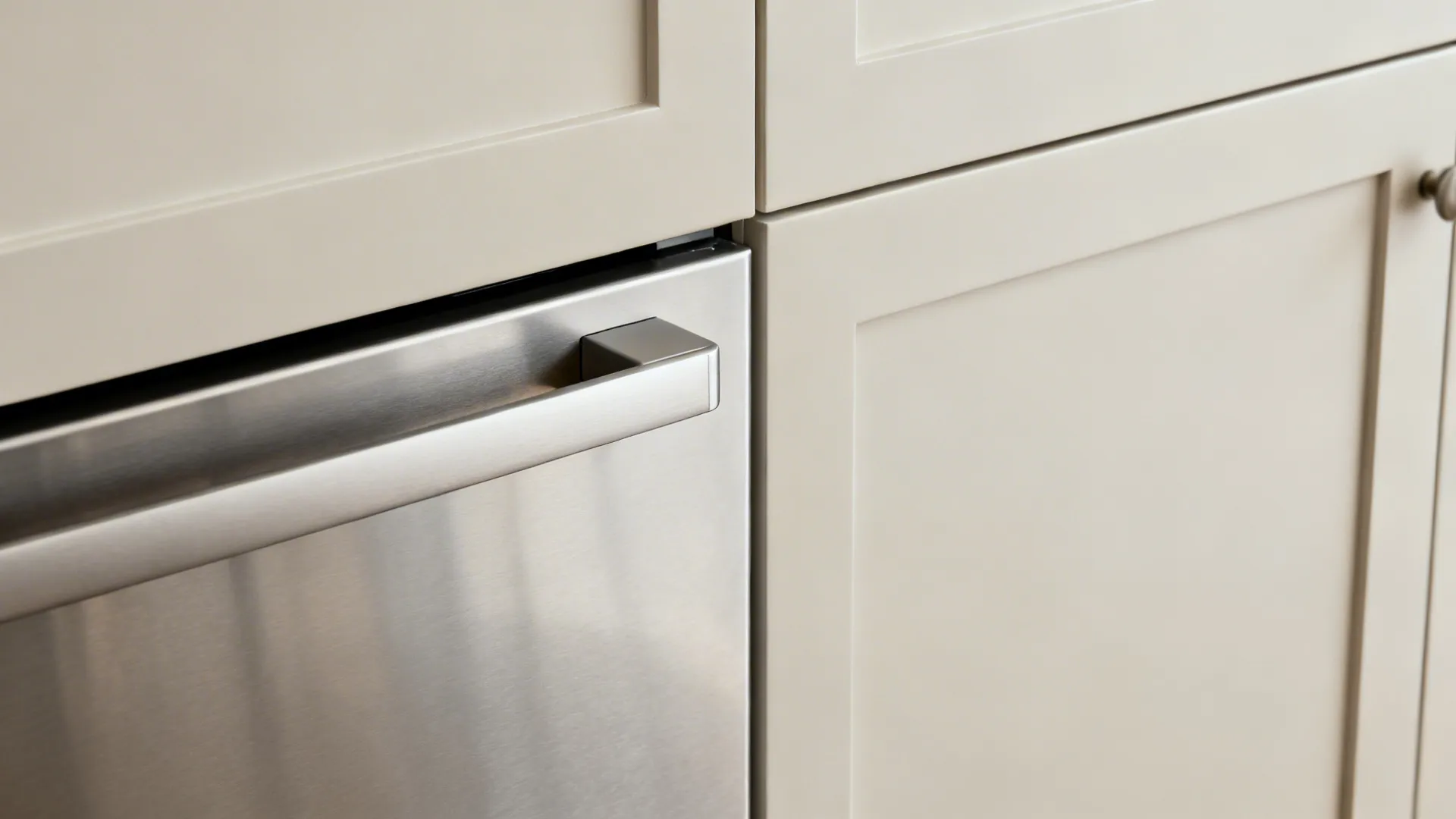 Macro of a panel-ready dishwasher aligned with cabinetry, showing tight reveals and integrated pull.