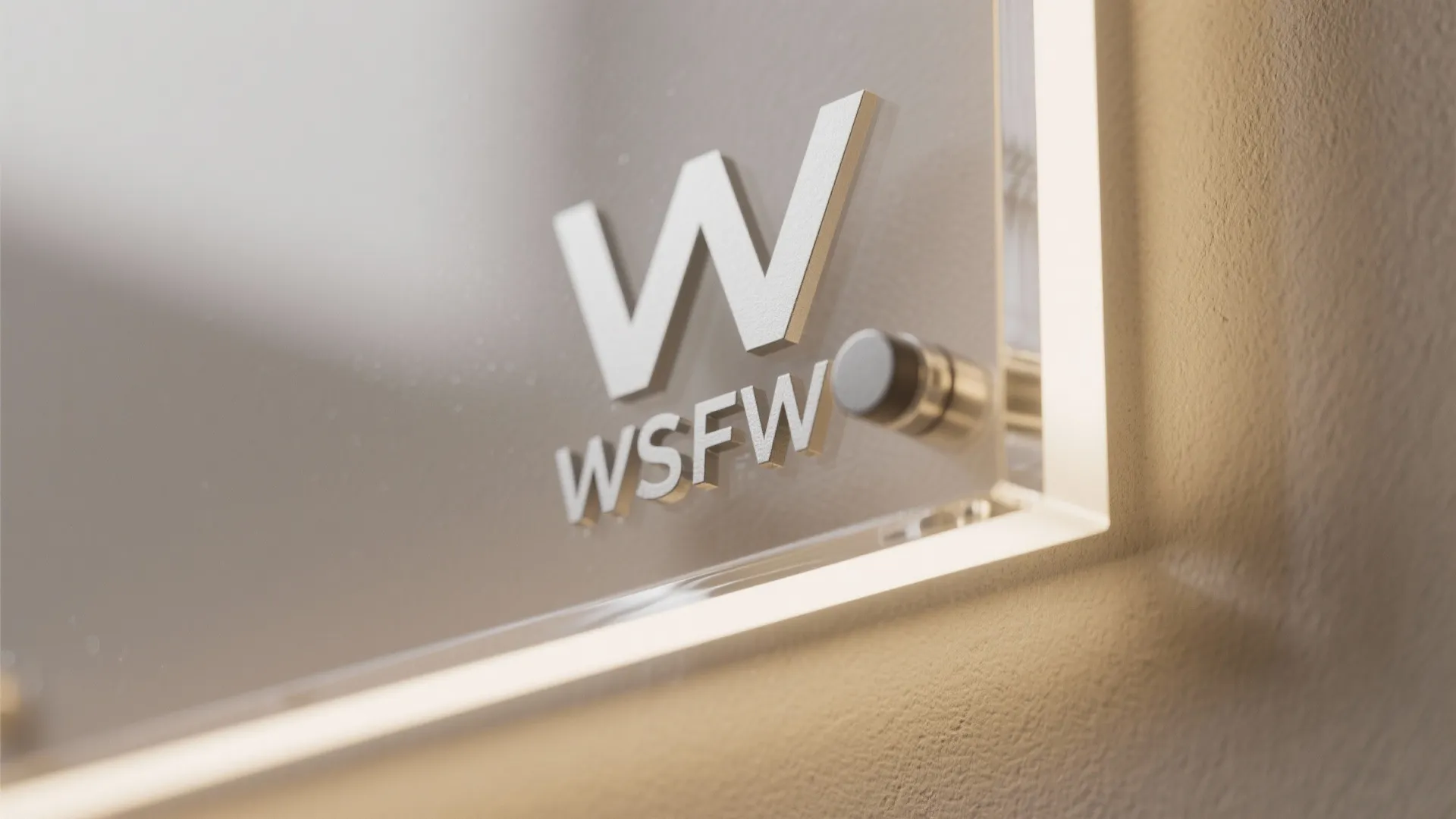 Modern office glass sign with logo mounted on wall with light fixture strip and metal fixings