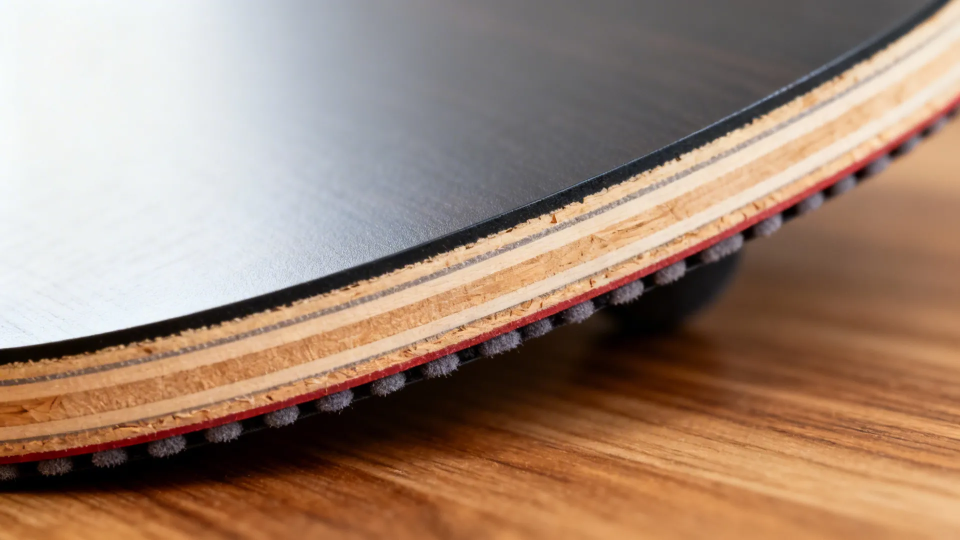 Macro of laminate-faced plywood conversion top with felt pads under the edge