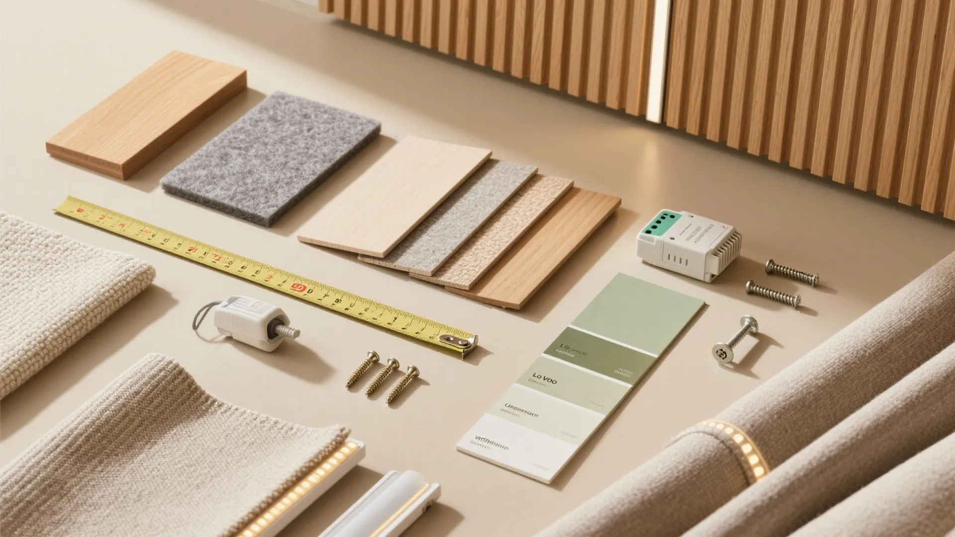 Interior design materials like wood samples fabric swatches paint cards screws and a tape measure
