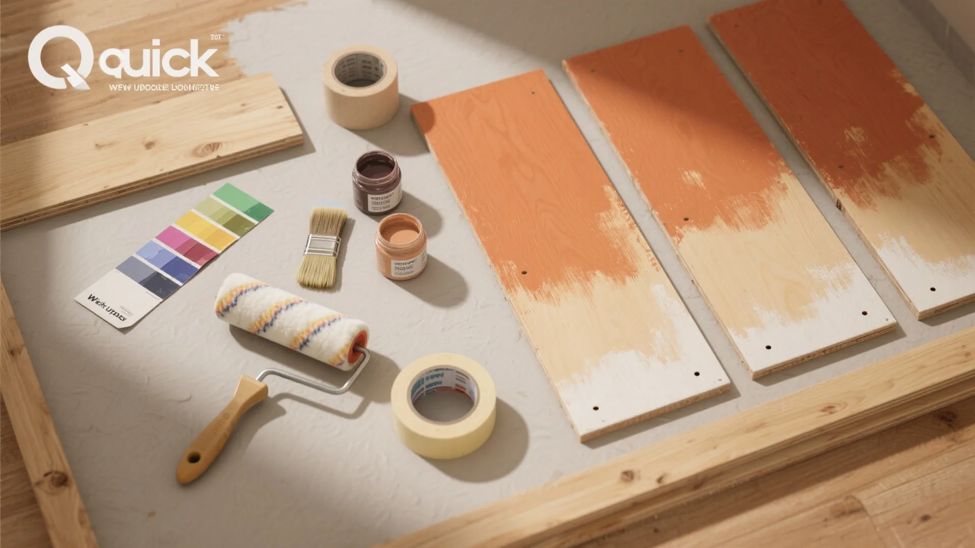 DIY tools including paint roller brushes tape and color swatches next to partially painted wood boards