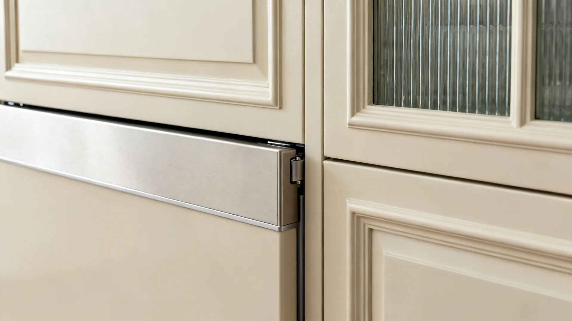 Close-up of flush paneled appliance door and reeded glass cabinet detail.