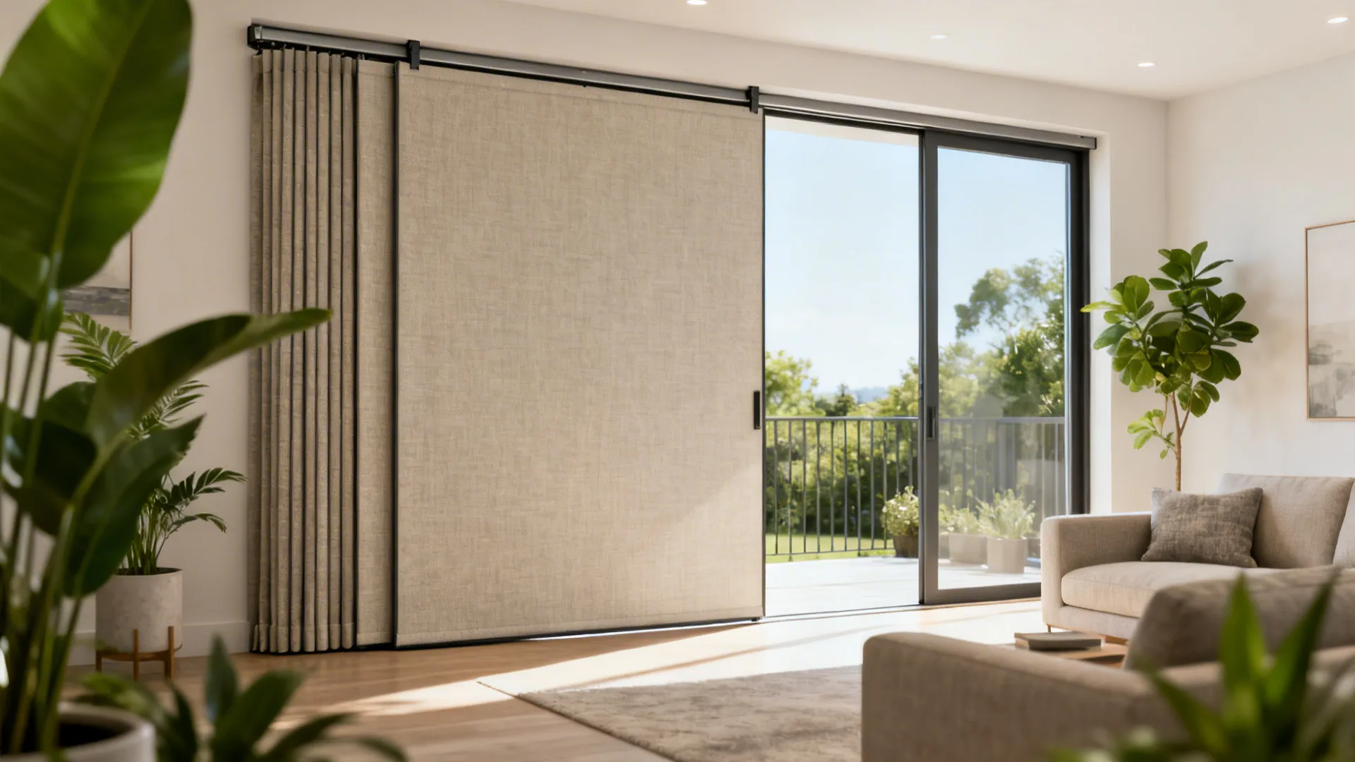 Contemporary living room showing sliding panel track curtains neatly stacked beside a wide patio door.