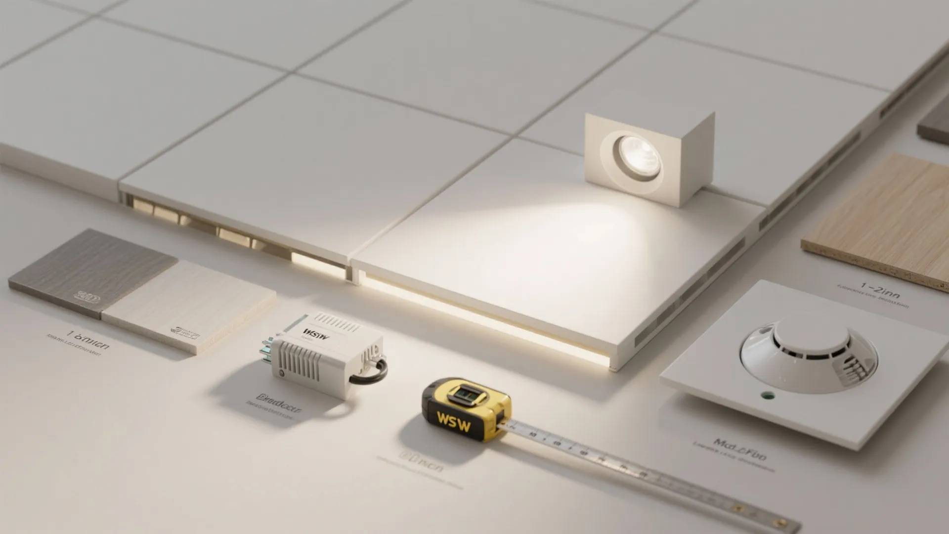 Flatlay of MDF panels, shadow gap profile, micro downlights, and dimmer components.