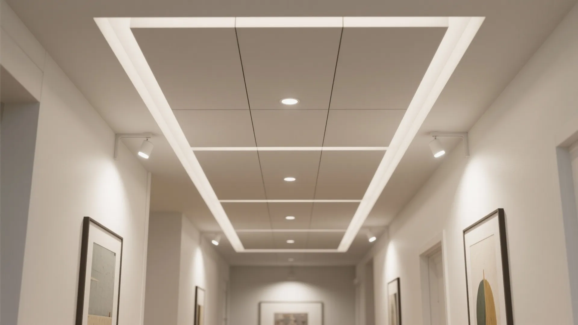 Minimalist hall ceiling with panel grid and recessed micro downlights illuminating art.
