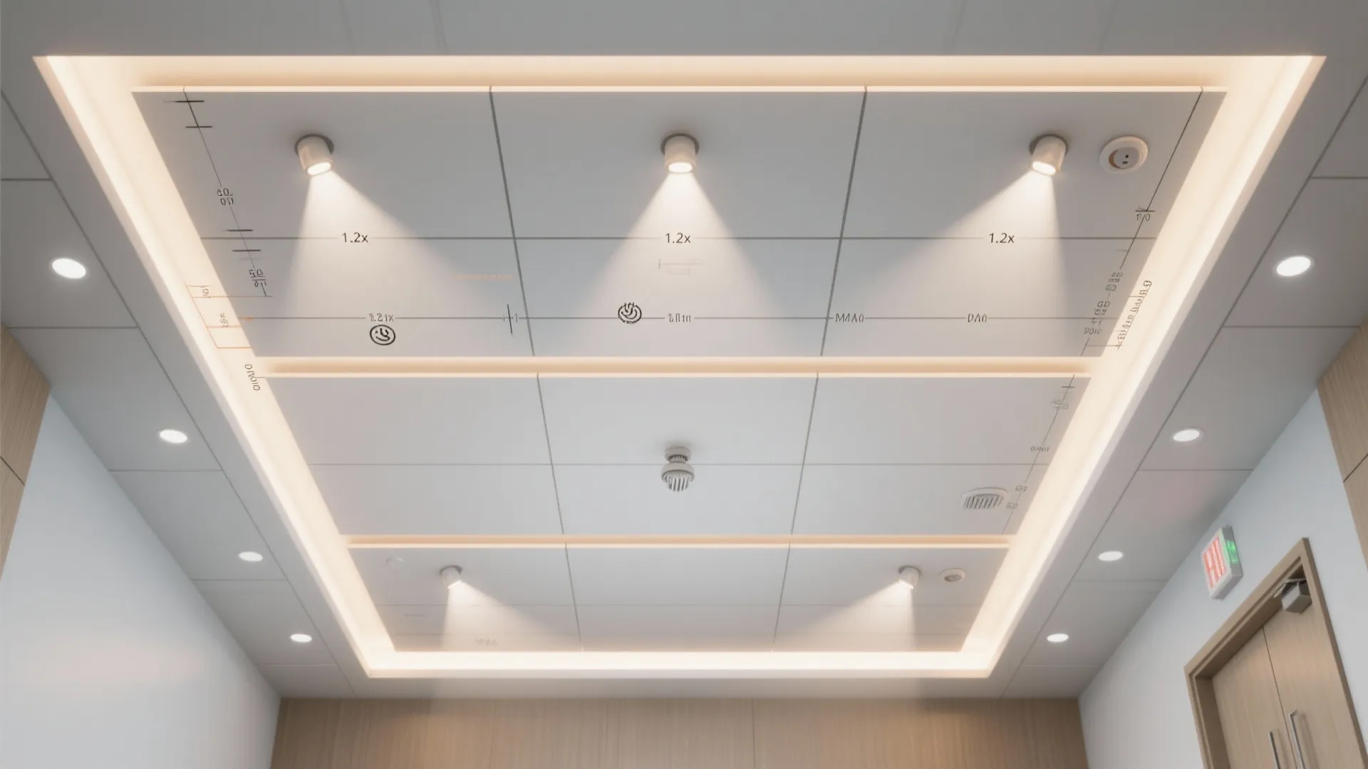 Top-down plan of hall panel grid with micro downlight spacing and device placement.