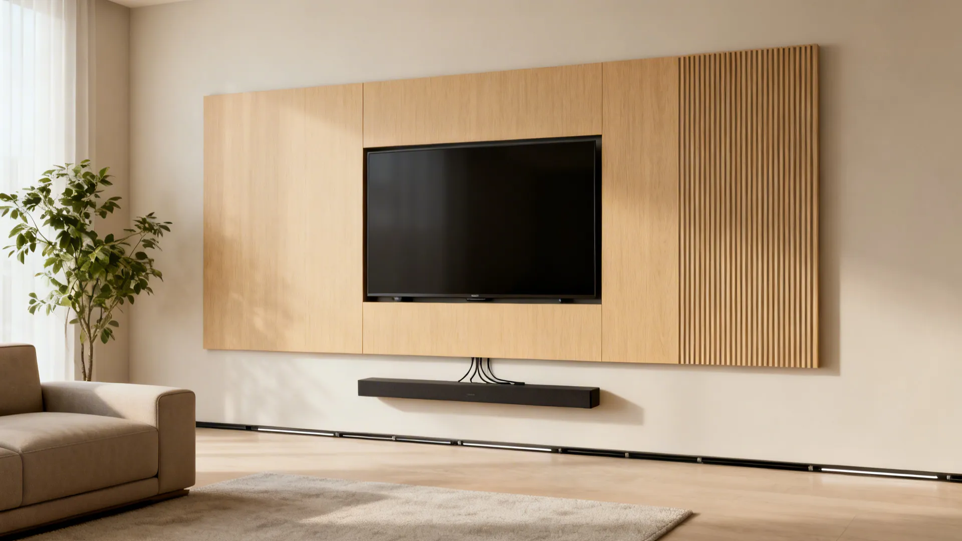 Modern living room with a wall panel behind the television and hidden floor cable solution