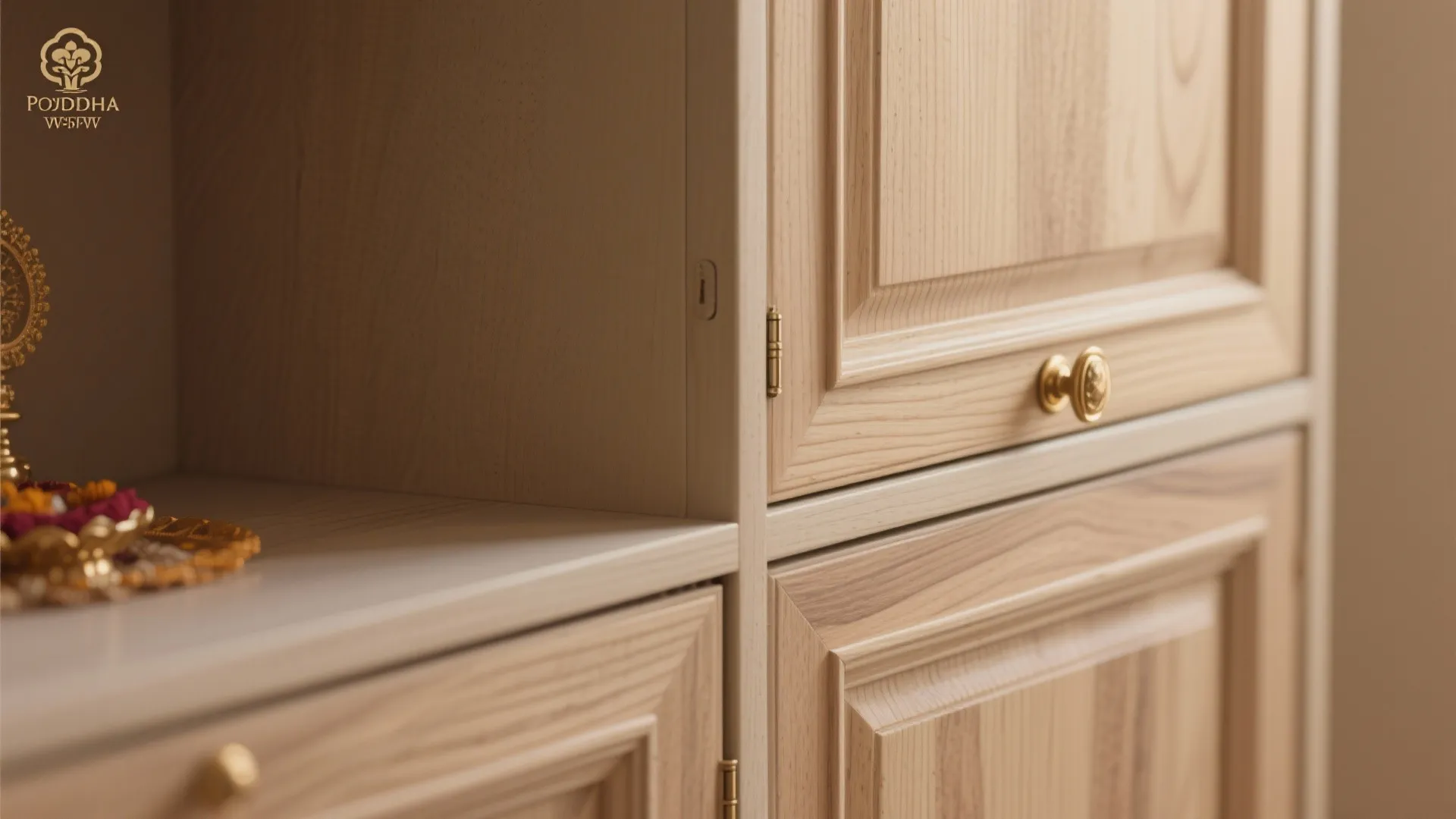 Close-up of carved veneer panel and soft-close hinge detail in a pooja cabinet.