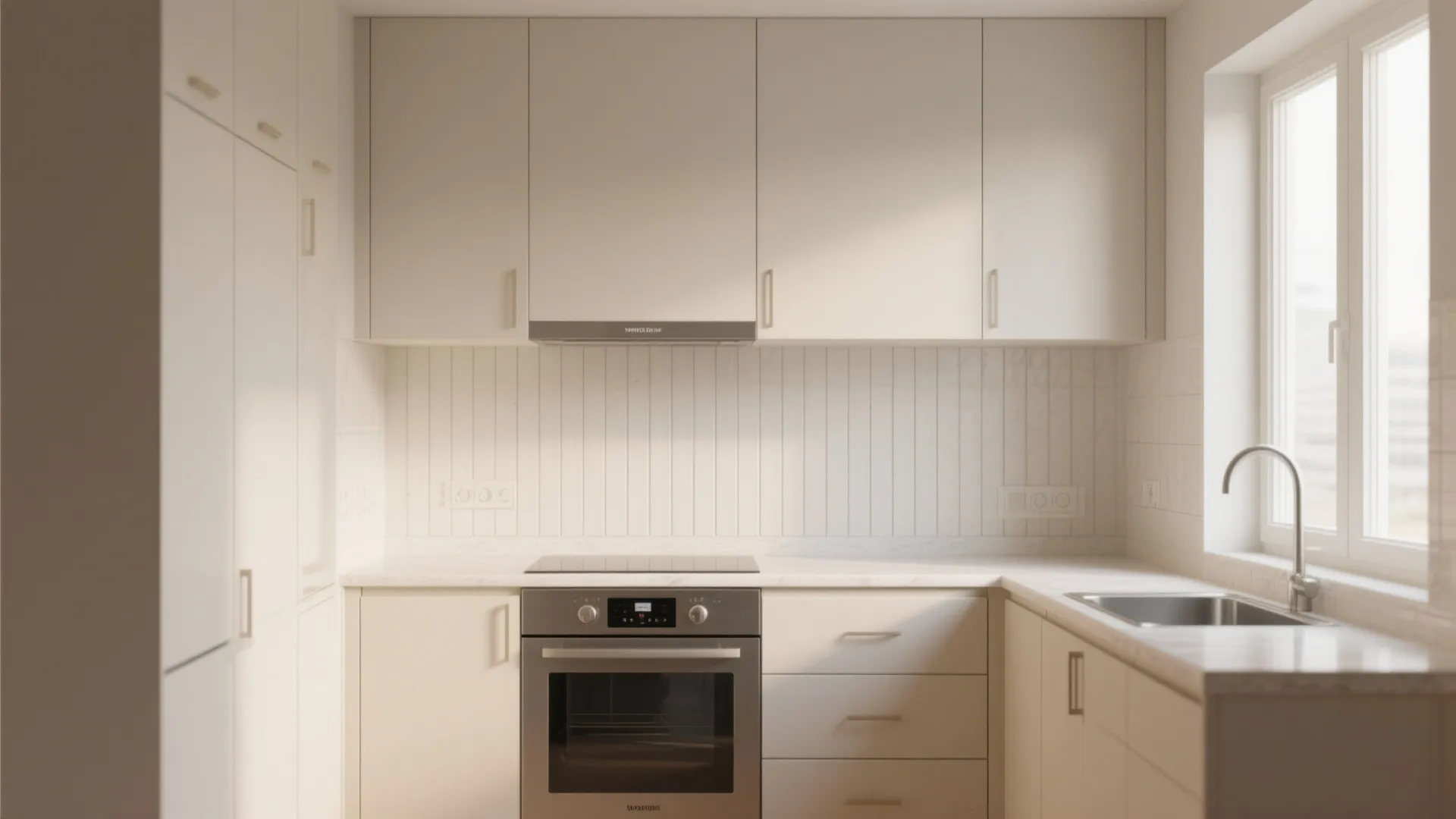 Modern white kitchen with clean cabinets oven sink window and bright natural sunlight on countertop