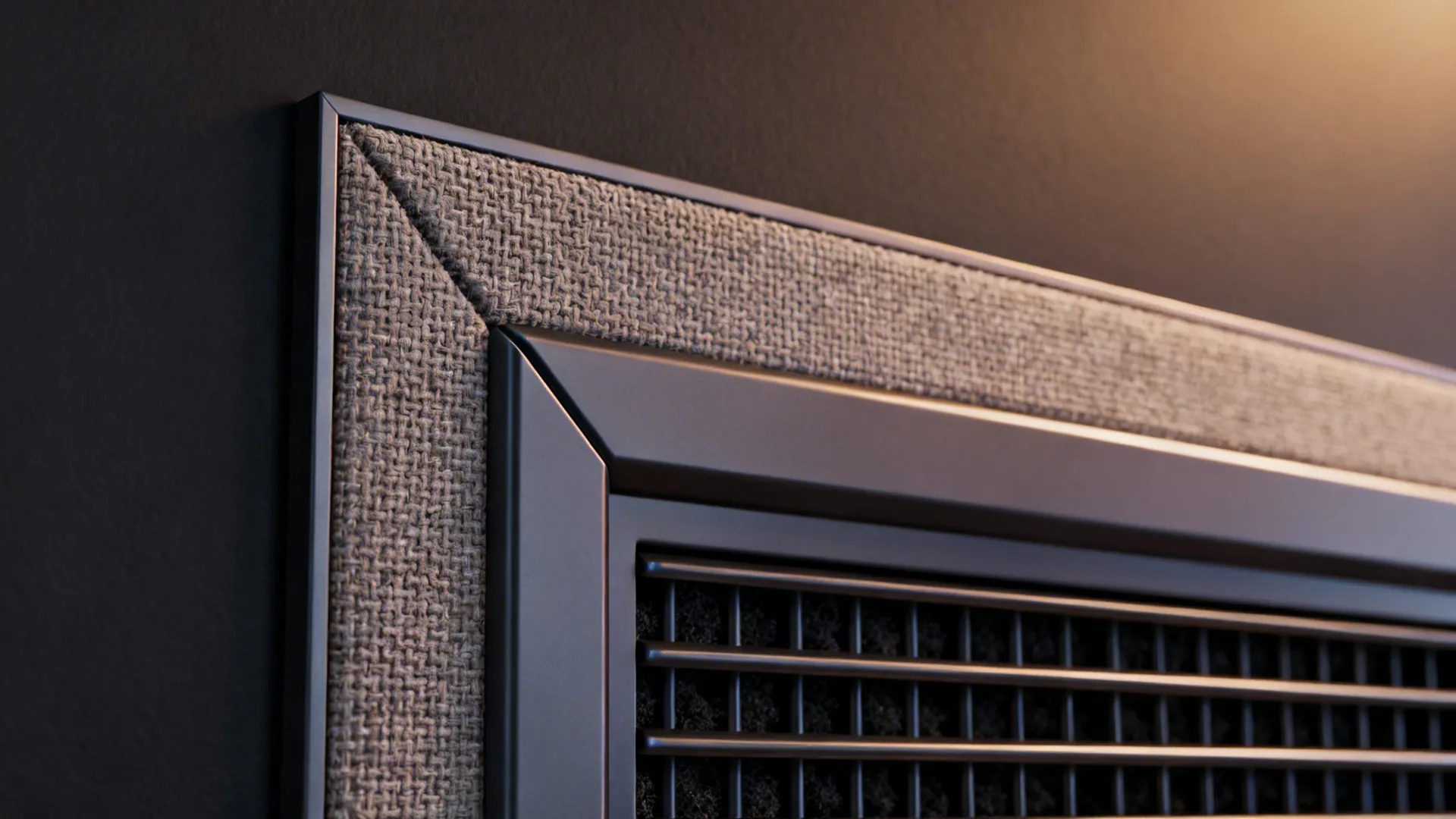 Macro of a fabric acoustic panel edge and quiet return-air grille on a matte dark wall.