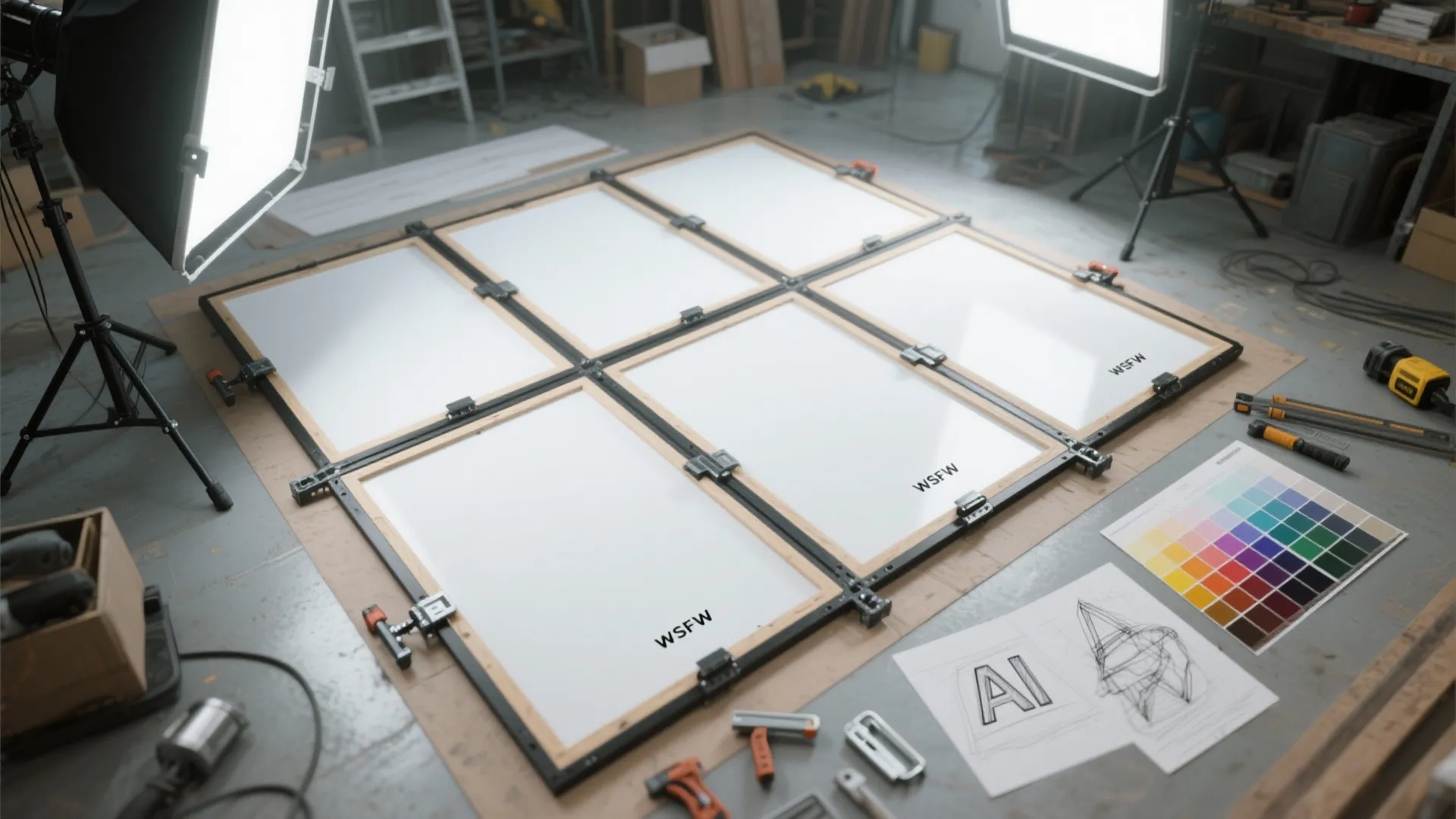 Workshop studio setup with several white wall panels inside frames under bright professional photography lights