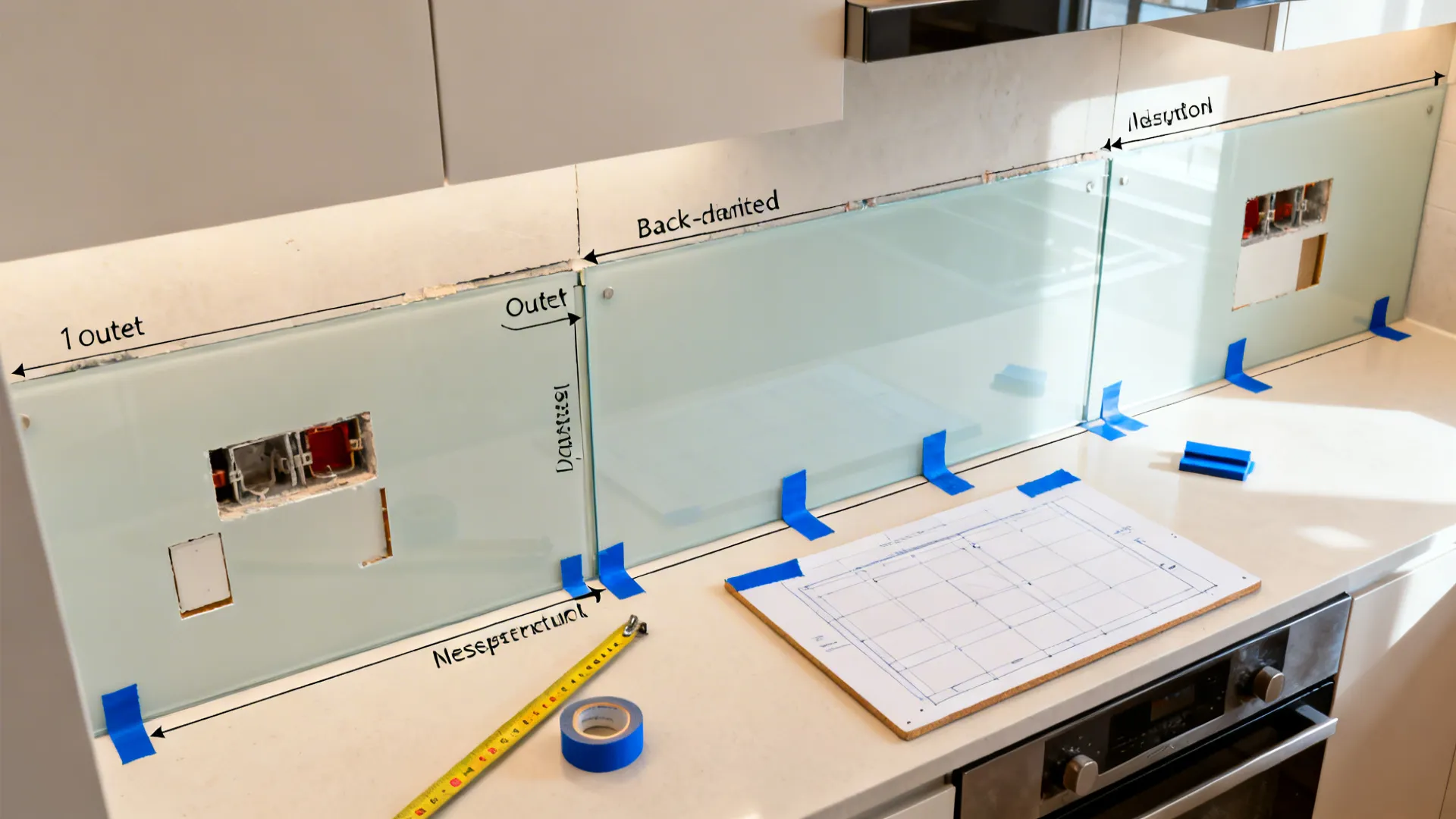 Top-down layout showing tools and templates for measuring large glass panels.