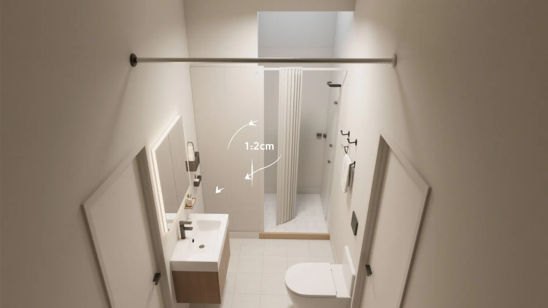 Small bathroom layout from above showing white toilet sink mirror and shower with marked measurements