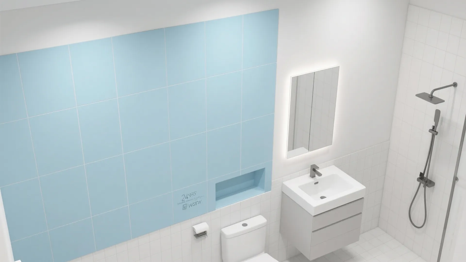 Top view interior design drawing of a bathroom with blue wall panel sink and shower head