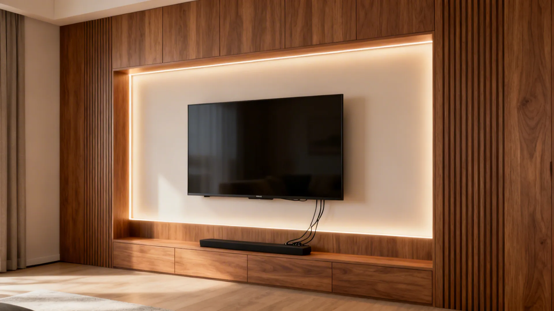 TV mounted on thin wood veneer panels with warm LED backlighting creating a soft halo.