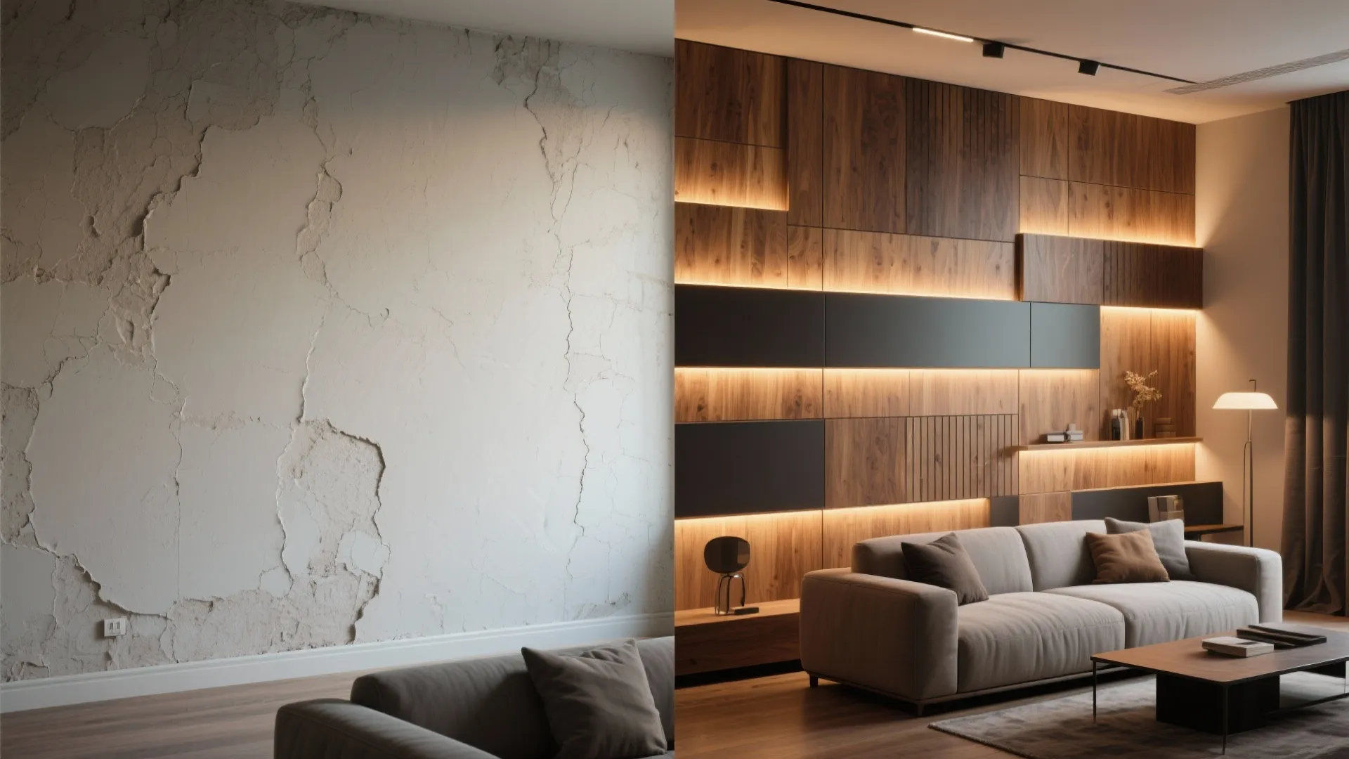 Before and after of a living room wall upgraded with layered panels and built-in LED strips adding depth.