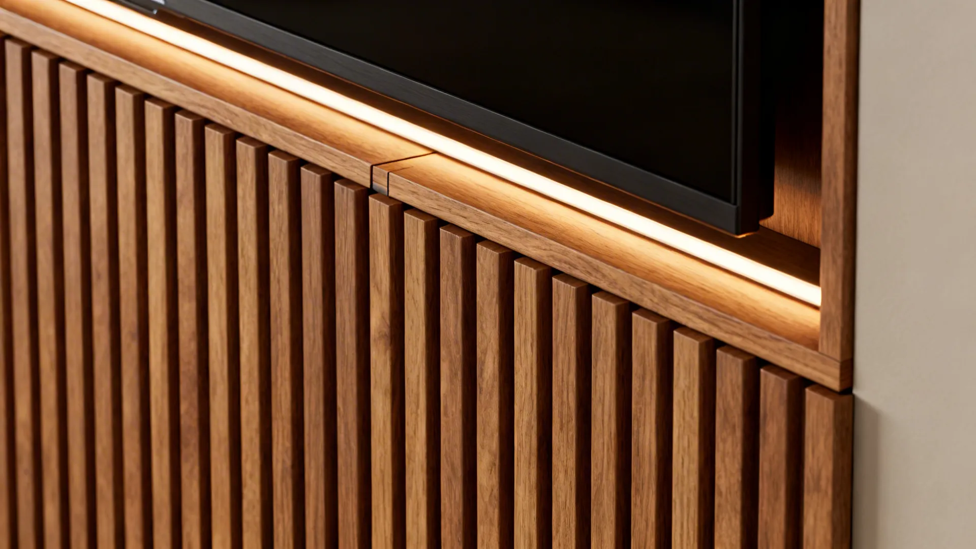 Close-up of fluted wood panel with recessed LED channel glowing softly behind a TV edge.