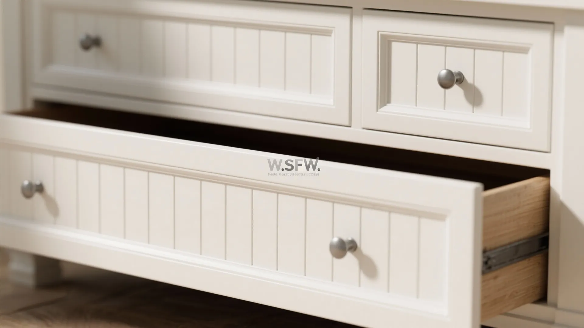 Macro detail of a shaker-style trundle face with recessed pulls and a smooth, scuff-resistant paint finish.