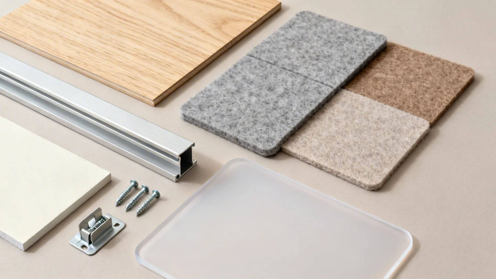 Flat lay of light oak veneer, acoustic felt, paint chip, and LED channel components.