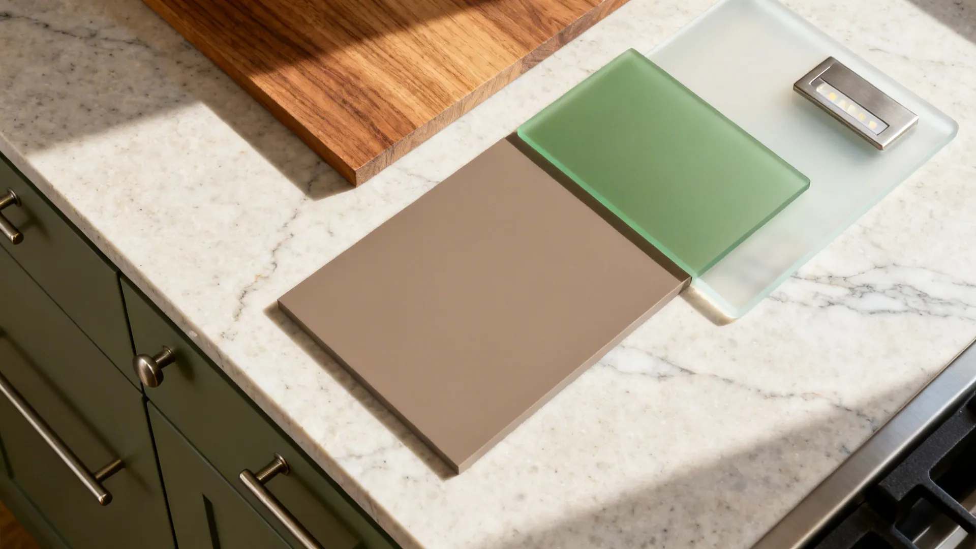 Flat lay of wood, matte cabinet, quartz, frosted diffuser, and hardware for a minimal kitchen.