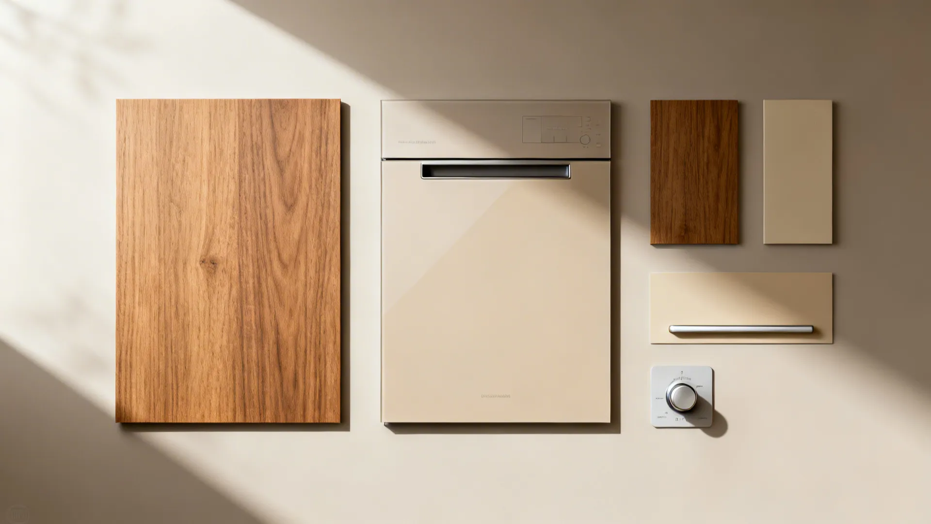Flat lay of panel-ready cabinet samples and low-gloss finishes for a combi oven.