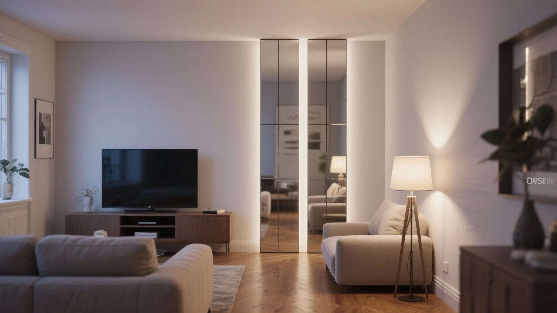 4. Mirrored panels behind focal furniture