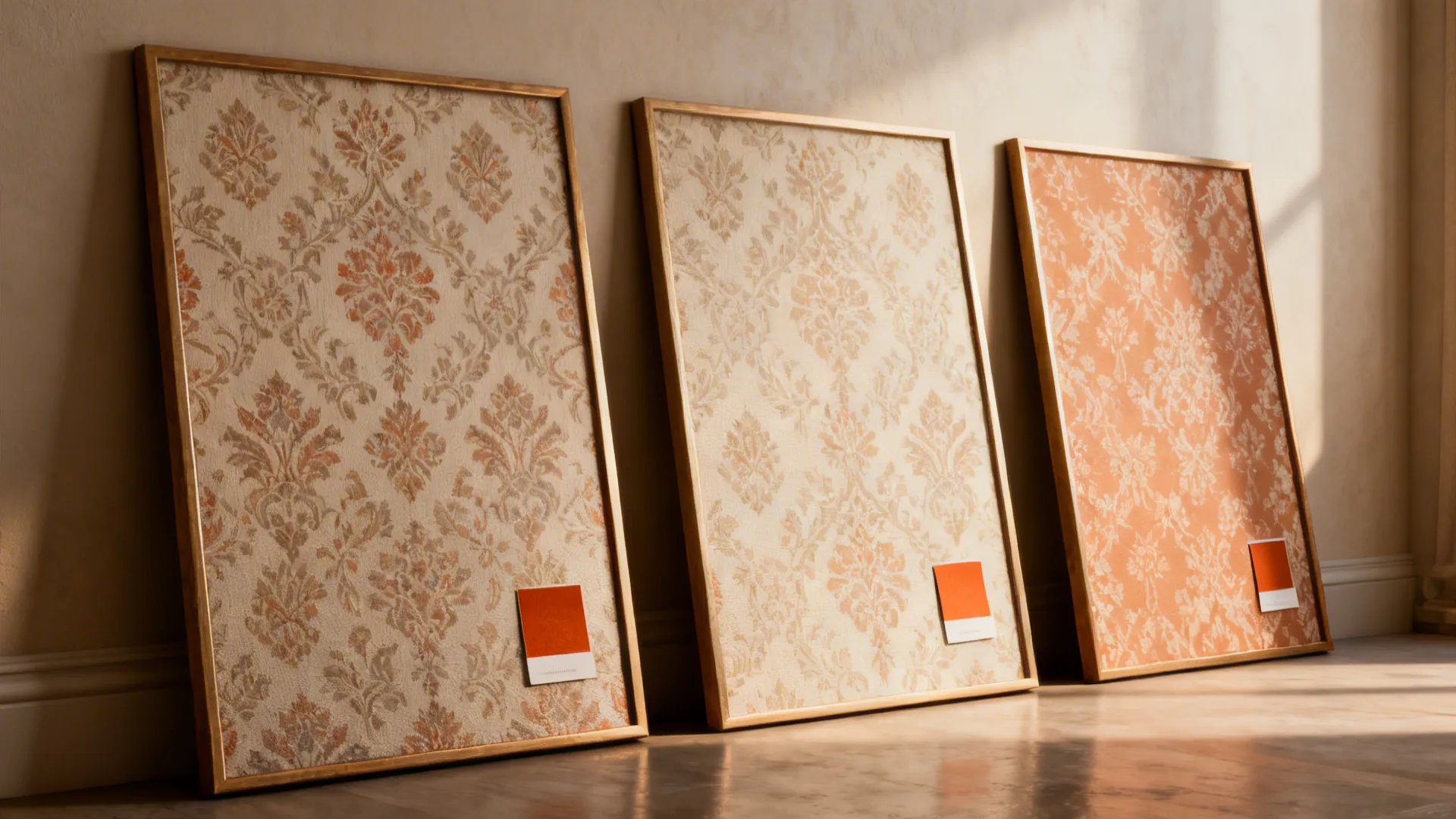 Three framed wallpaper panels with coordinating patterns arranged gallery-style showing mixed-pattern concept