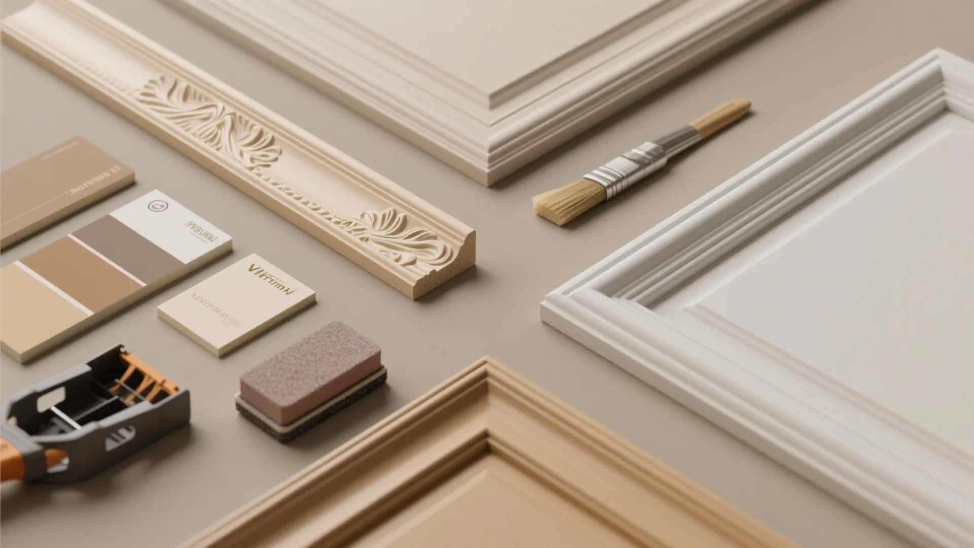 Painted panel molding samples and tools showing mitered corners and paint texture