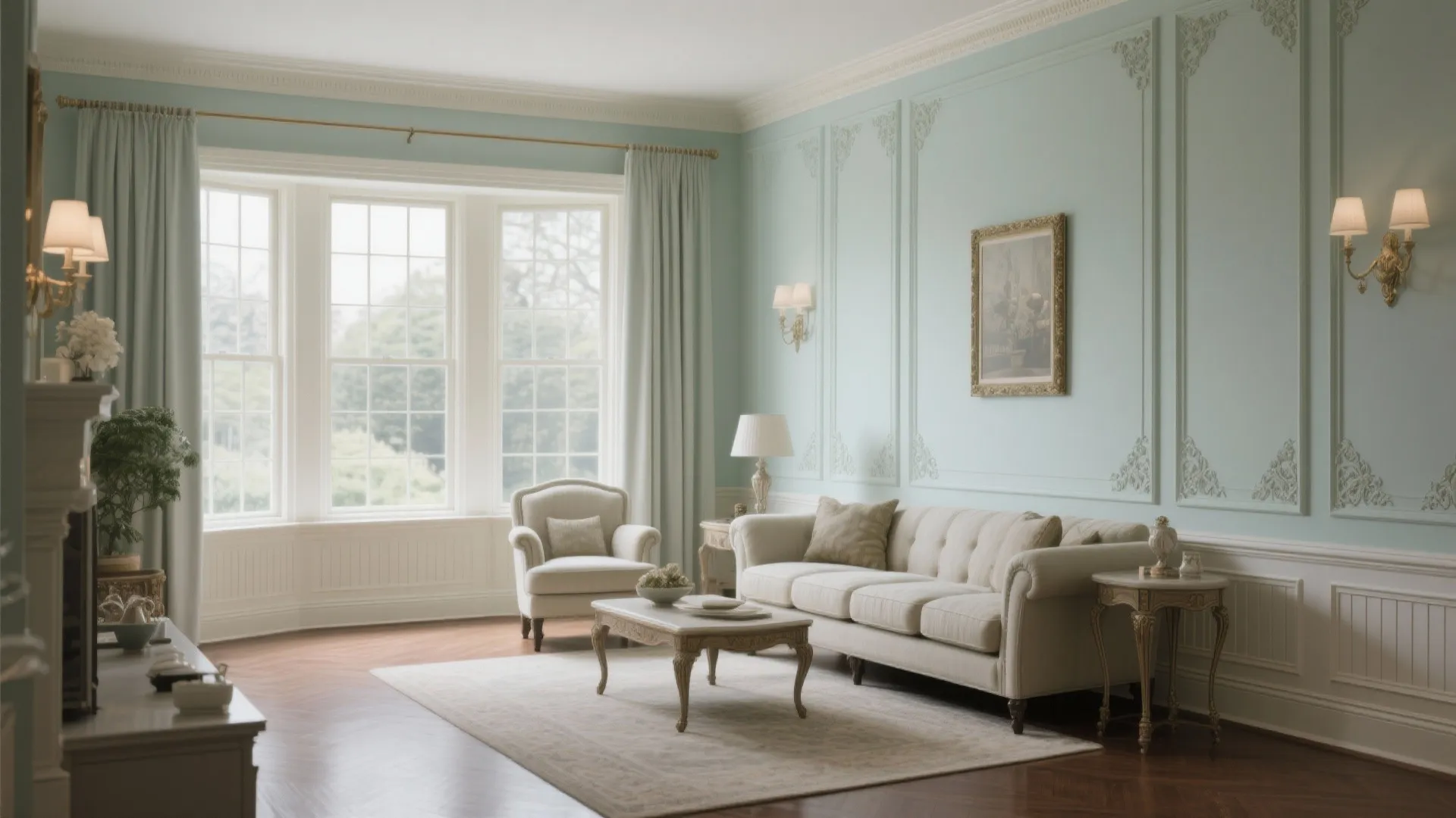Light blue living room with cream sofa armchair white wall panels large windows and wall lights