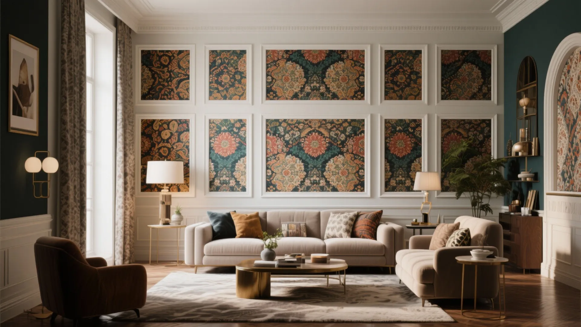 Living room with panel molding frames containing wallpaper insets