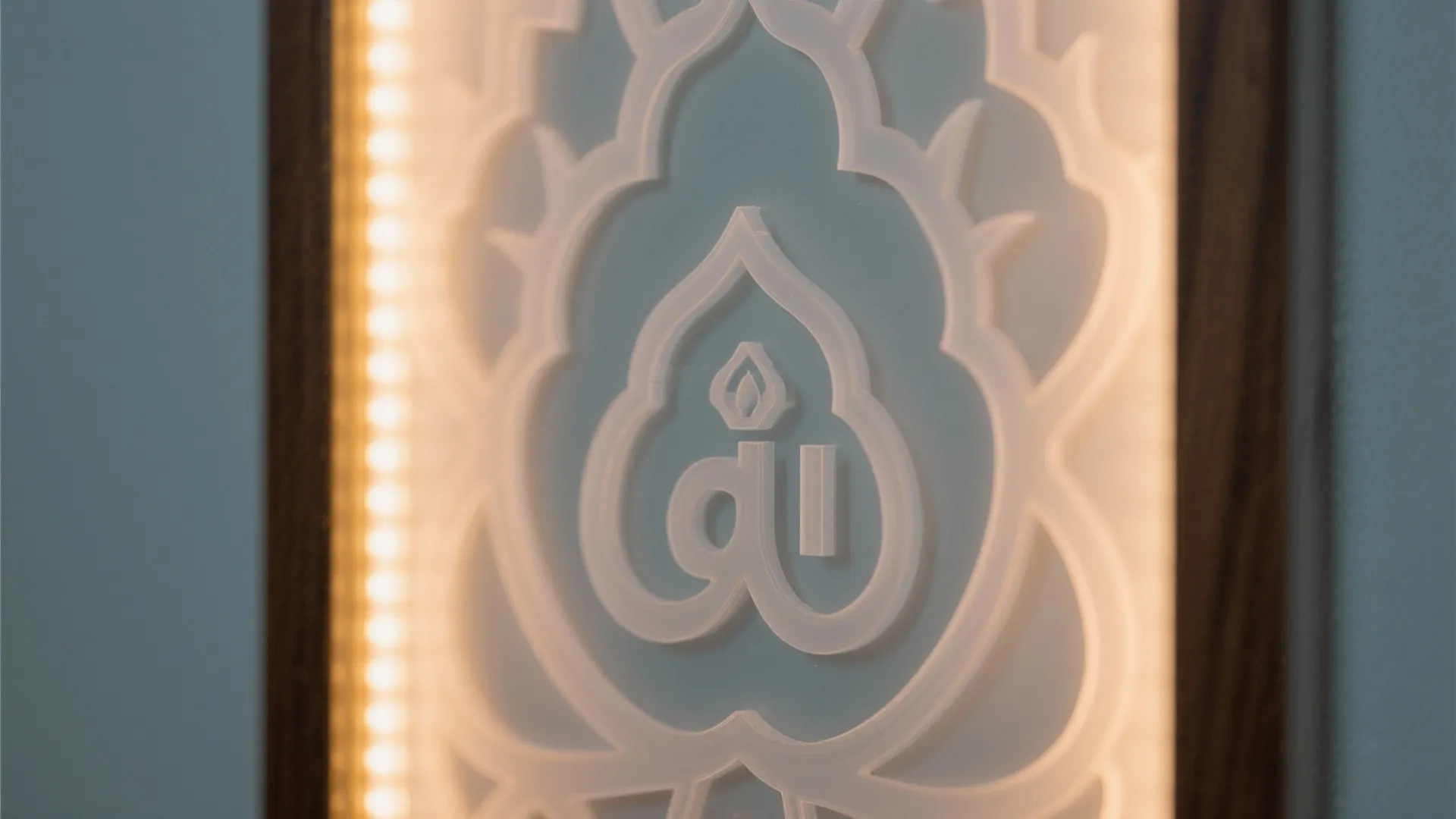 Macro of frosted acrylic diffuser and clean backlit motif on a slim mandir panel.