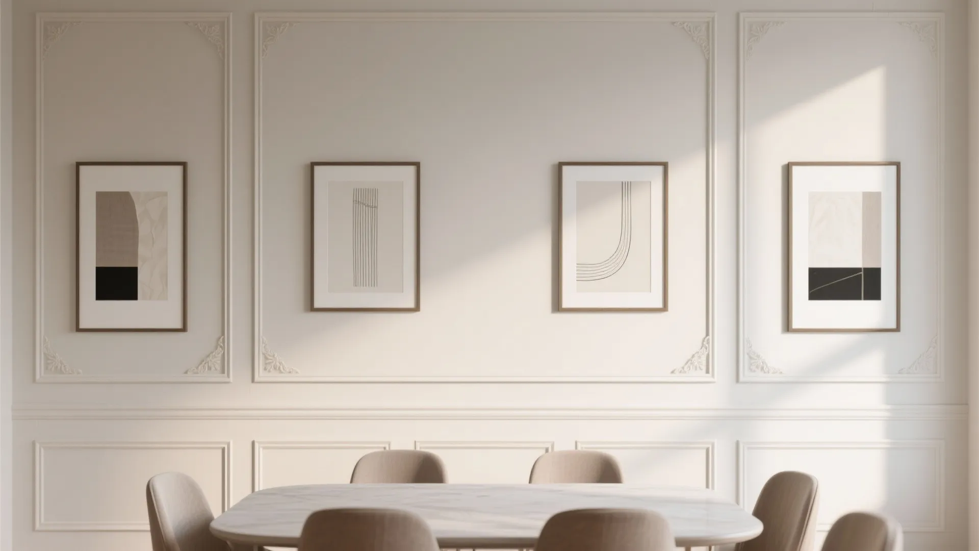 Elegant dining room with four framed art pieces on white wall panel behind marble table