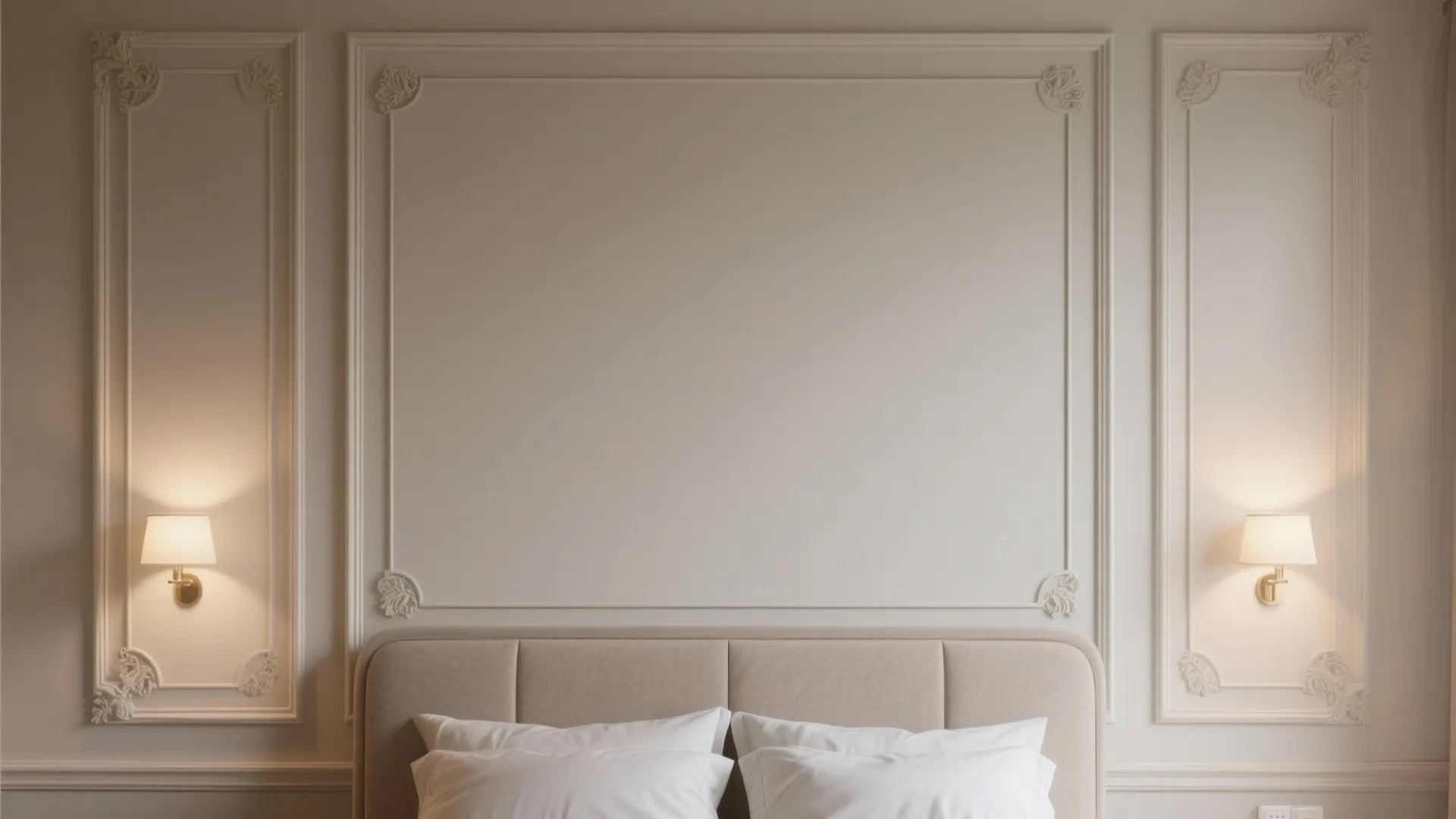 Bedroom wall with elegant rectangular panel moulding above the headboard