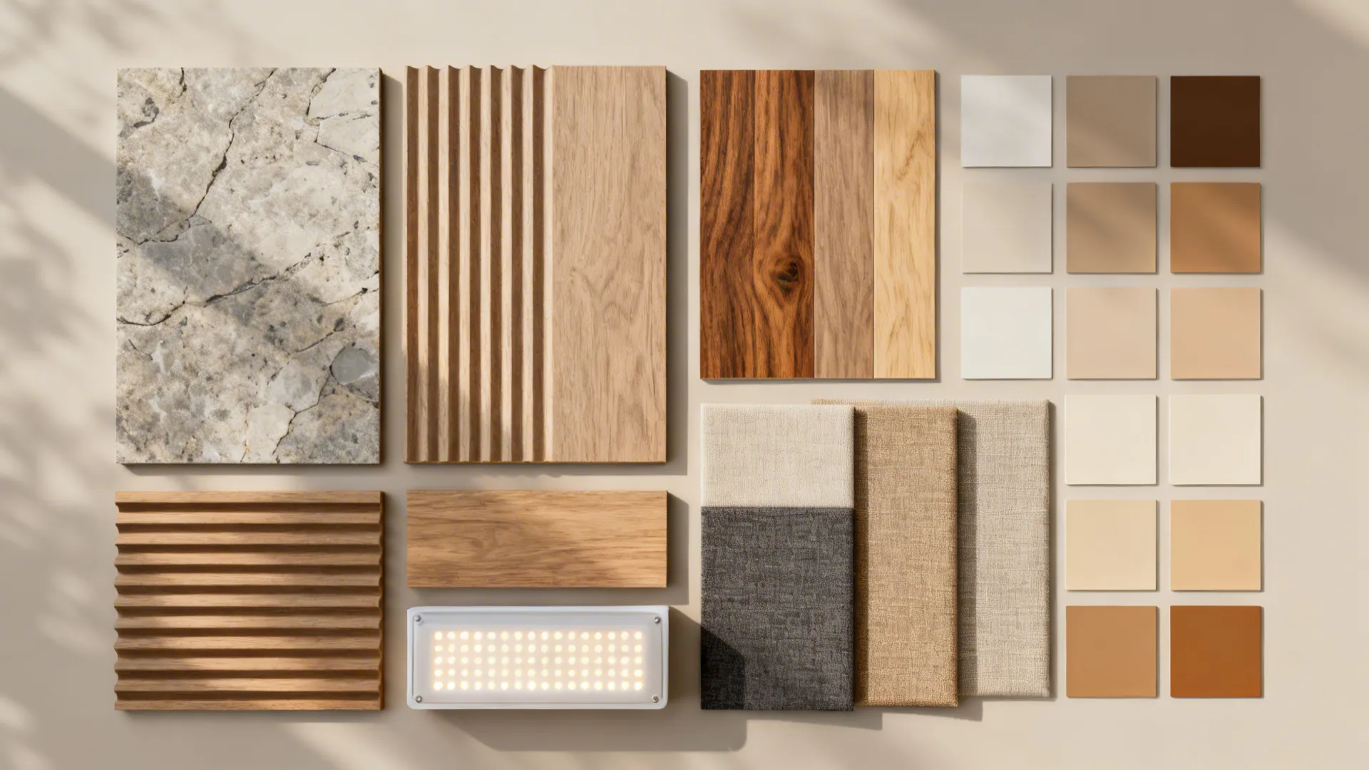 Flat lay of fluted MDF, wood veneer, stone-look PVC, routed laminate, fabric, and neutral paint chips.