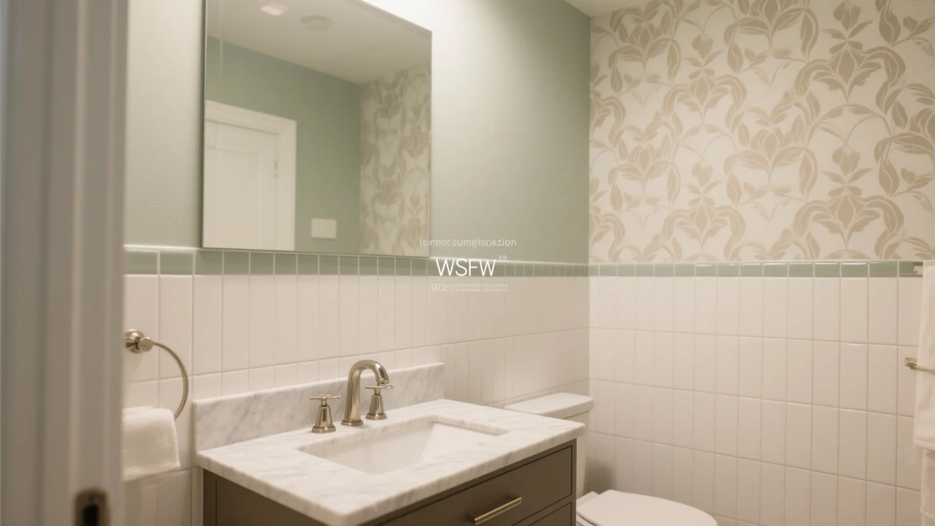 Vanity wall with groutless peel-and-stick tile panels and coordinating wallpaper on surrounding walls.