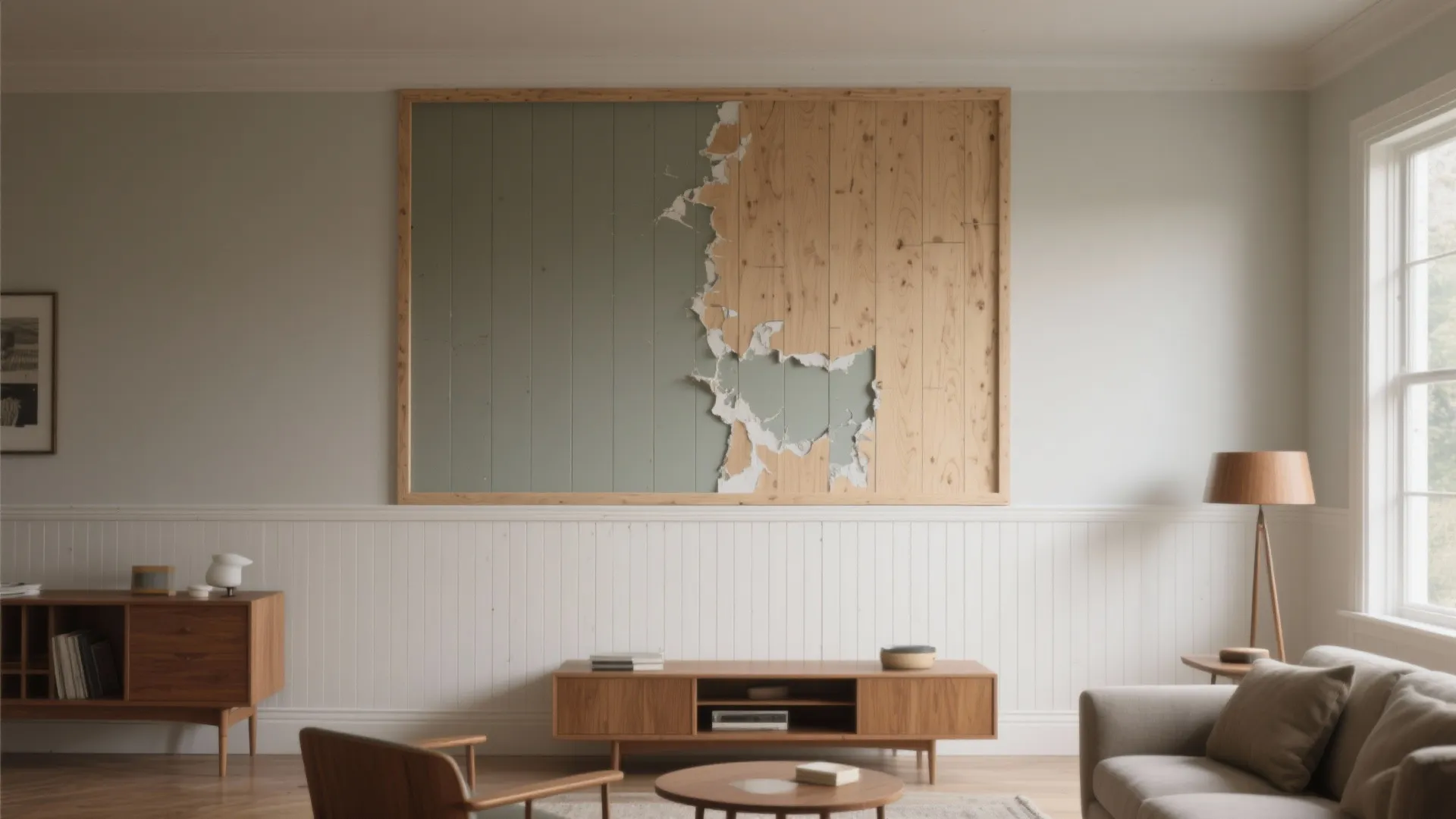 Living room wall featuring a contrasting vertical panel patch that covers ripped paint.