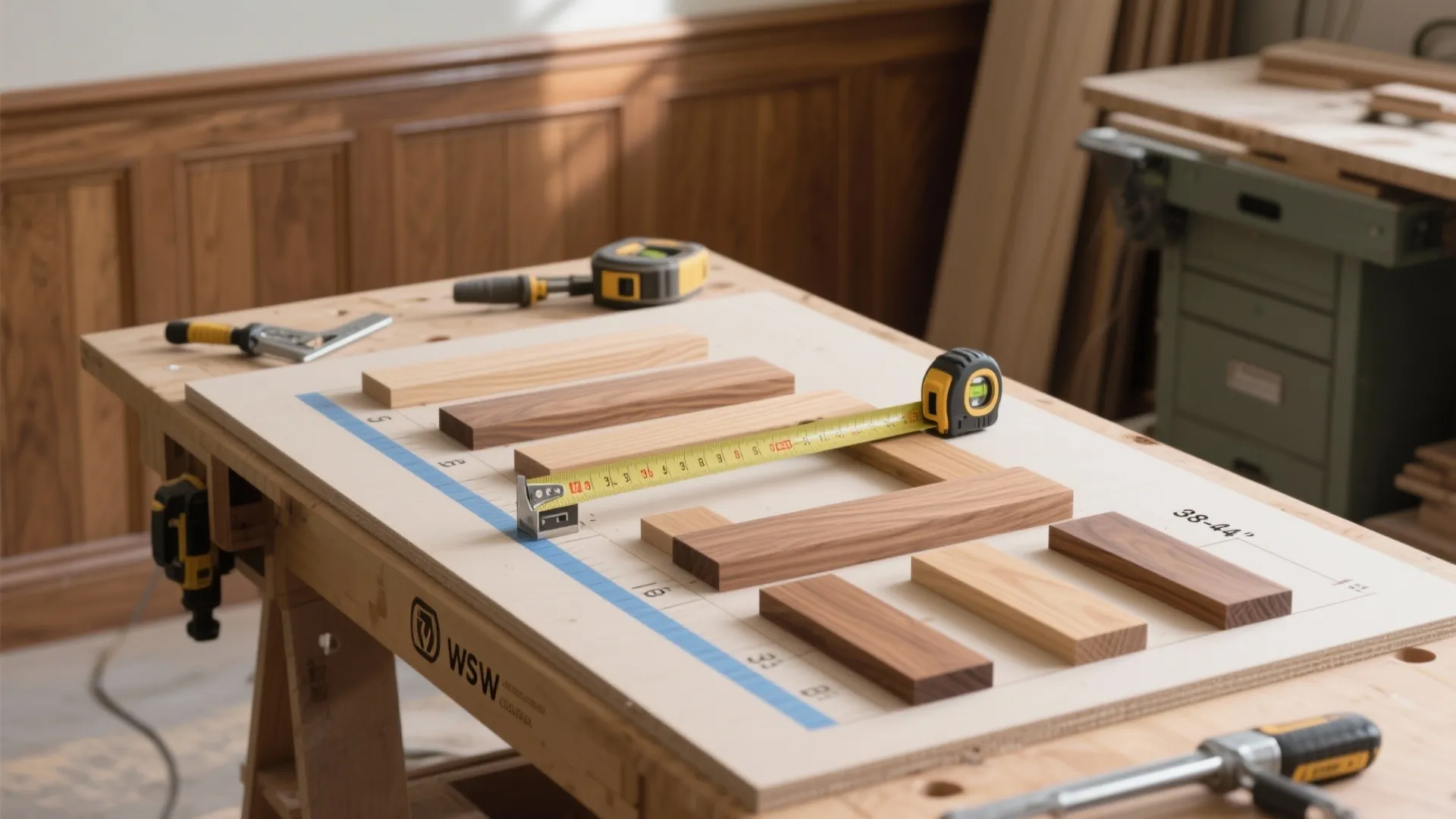 Wood samples on a workbench being measured with a yellow tape measure in a workshop