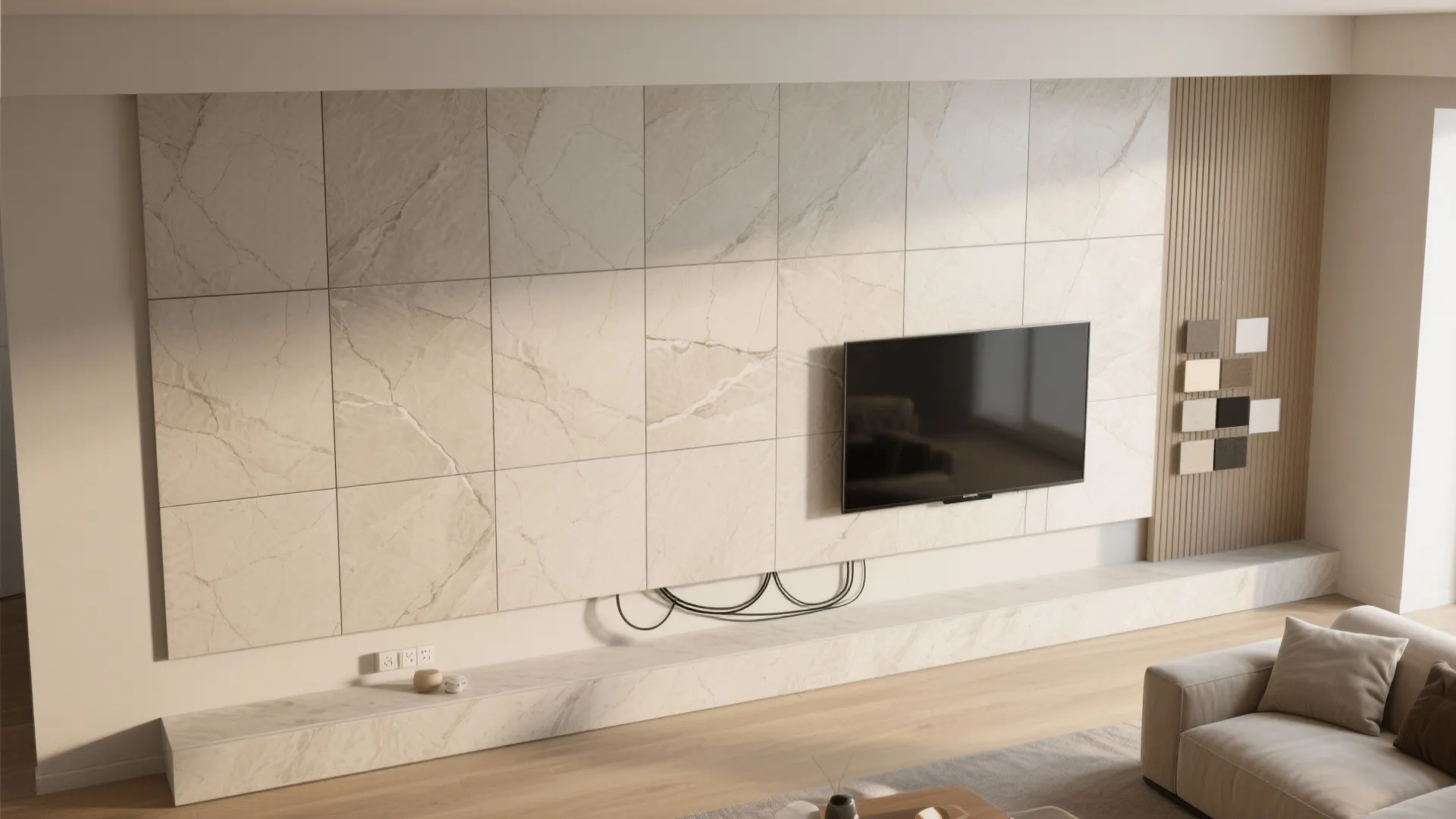 3) Large-format stone-look porcelain for a gallery feel