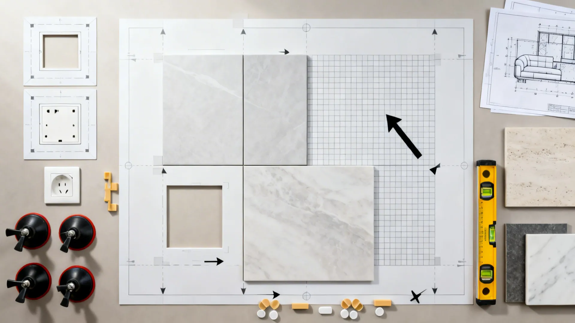 Top-down layout plan with porcelain panel templates and tools arranged neatly.
