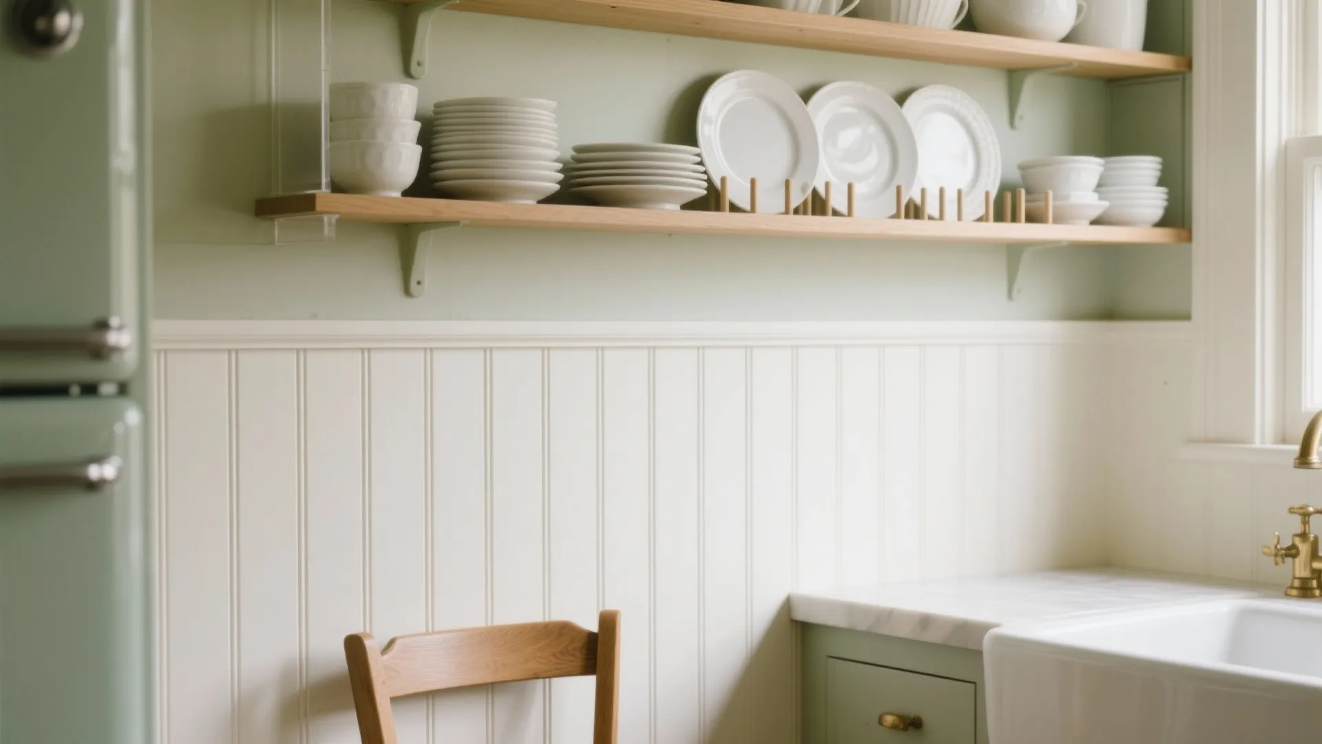 Beadboard paneling to chair-rail height with a shallow plate rack displaying white dishes in a warm small kitchen
