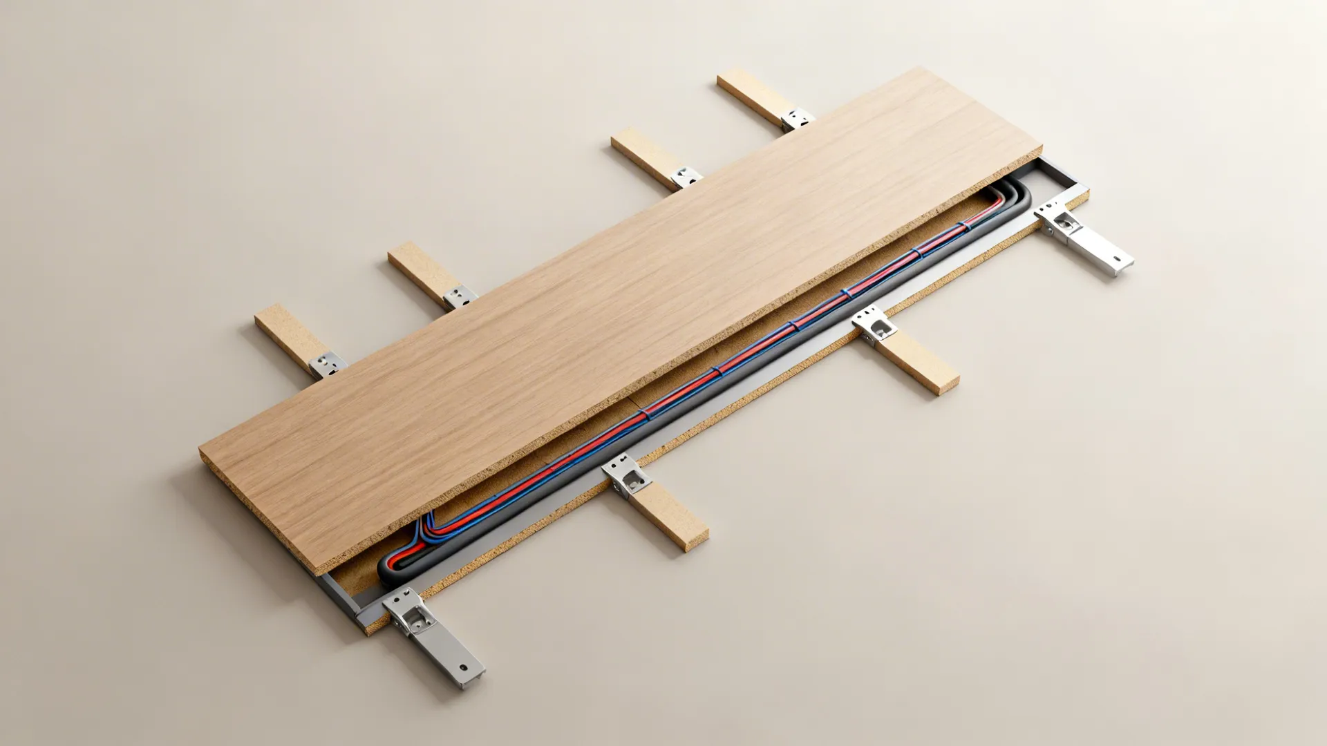 Interior design drawing showing wooden panel construction with internal wires and metal connectors on floor